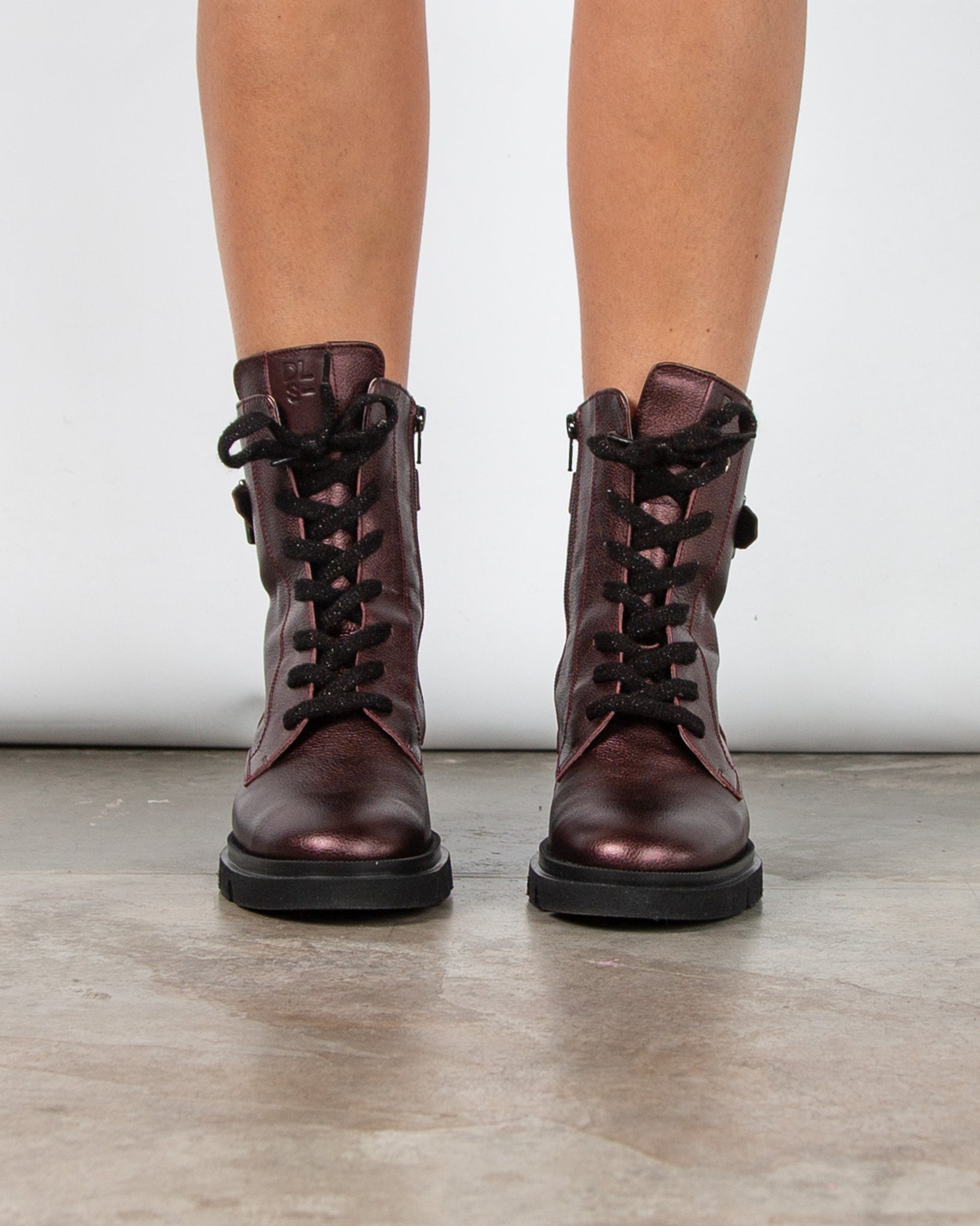 Dl Sport Metallic Lace Up Boots With Buckle Side Wine
