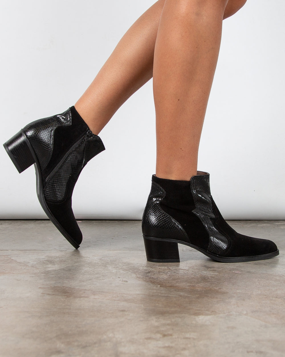 Dl Sport Suede Western Ankle Boots With Snakeskin Trim Black