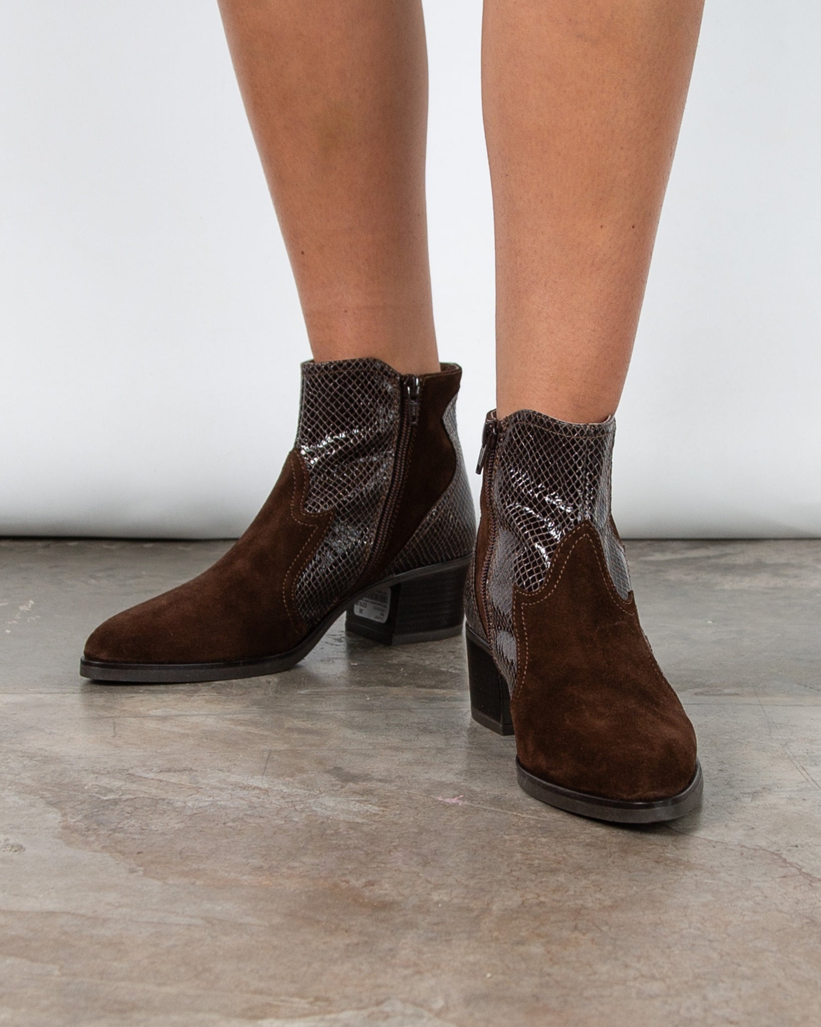 Dl Sport Suede Western Ankle Boots With Snakeskin Trim Chocolate