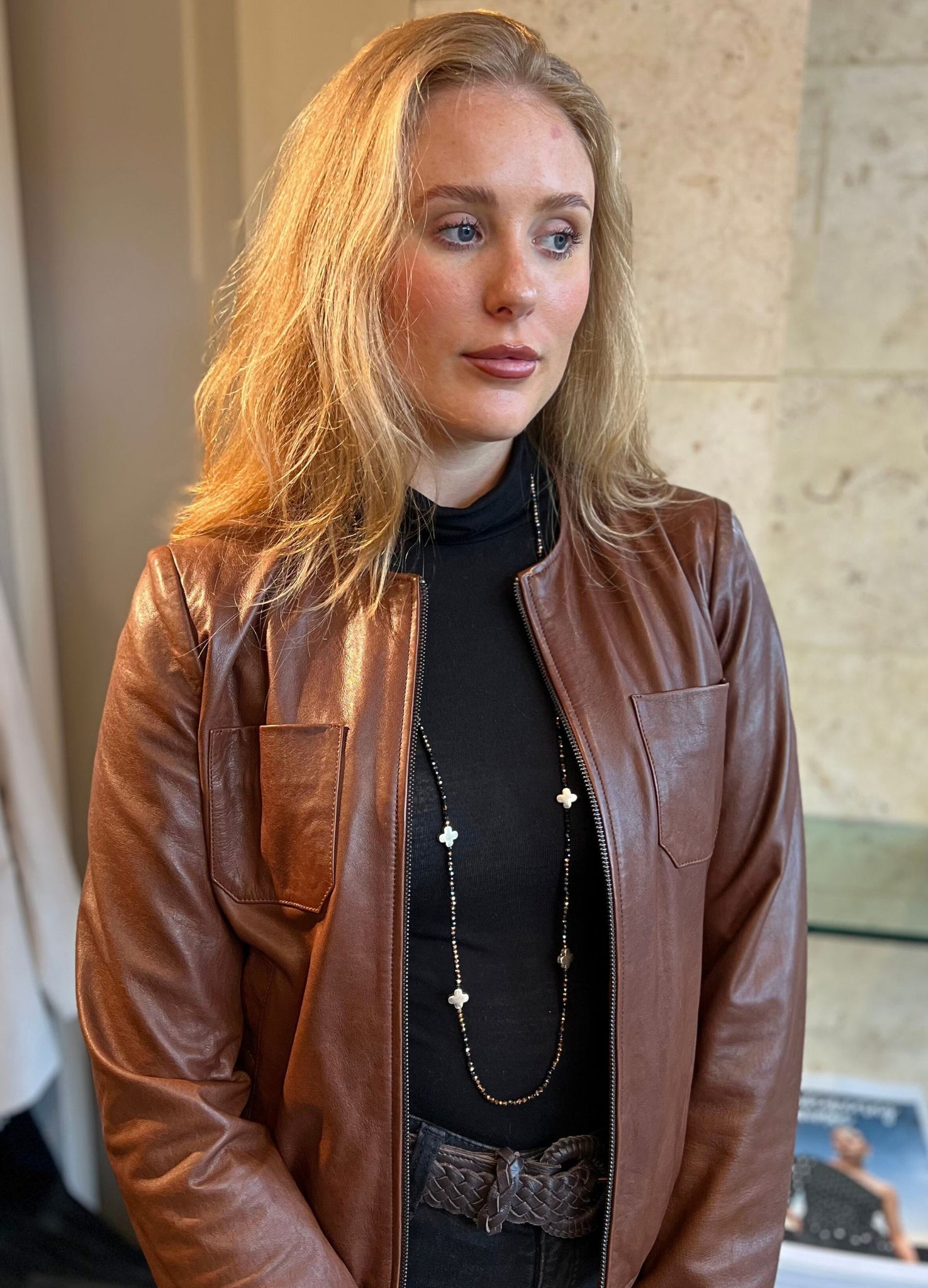 Eliza Gracious Long Faceted Beaded Necklace with Clover Bronze