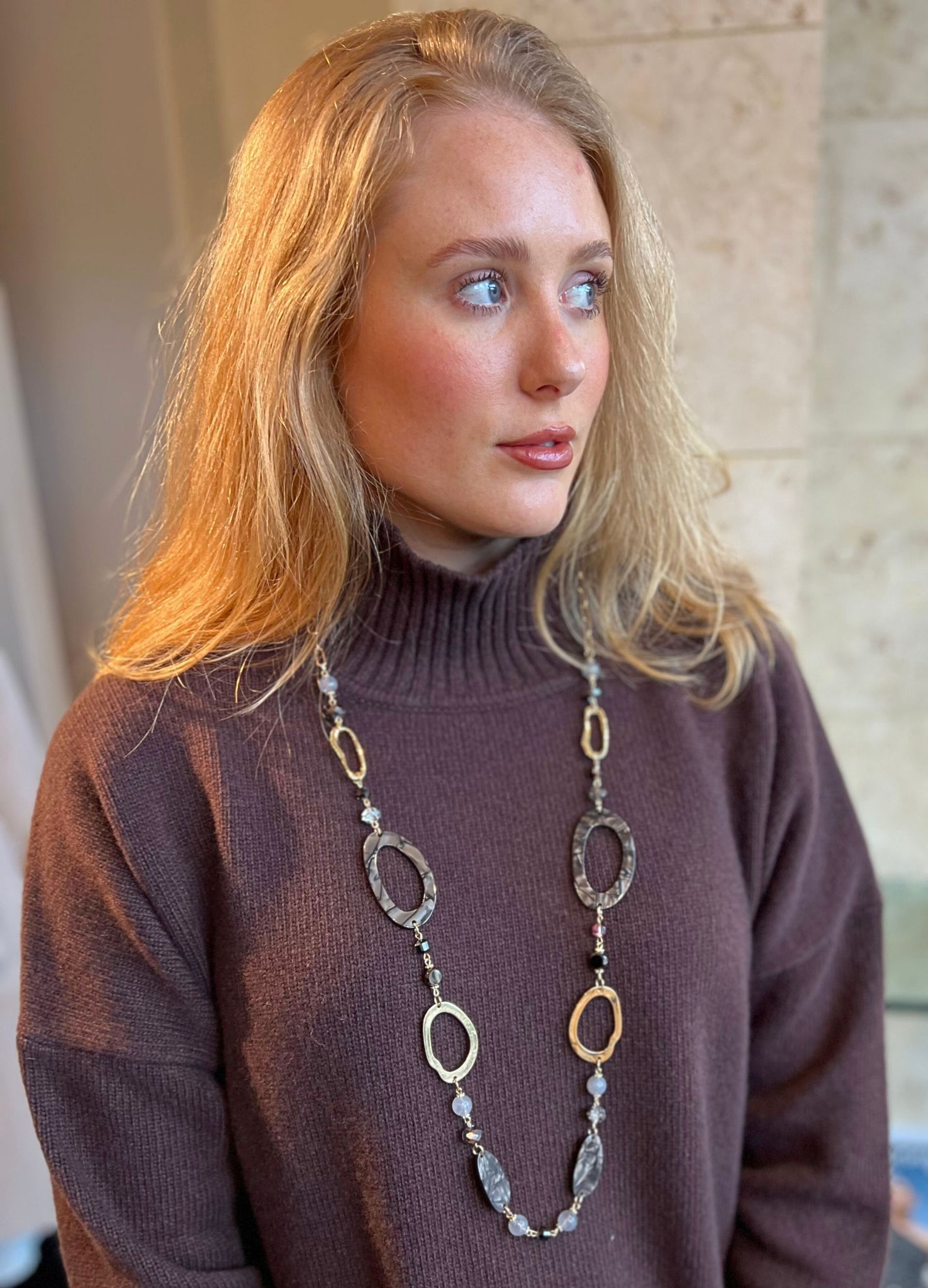 Eliza Gracious Resin and Metal Loop Necklace with Crystals Taupe/Gold