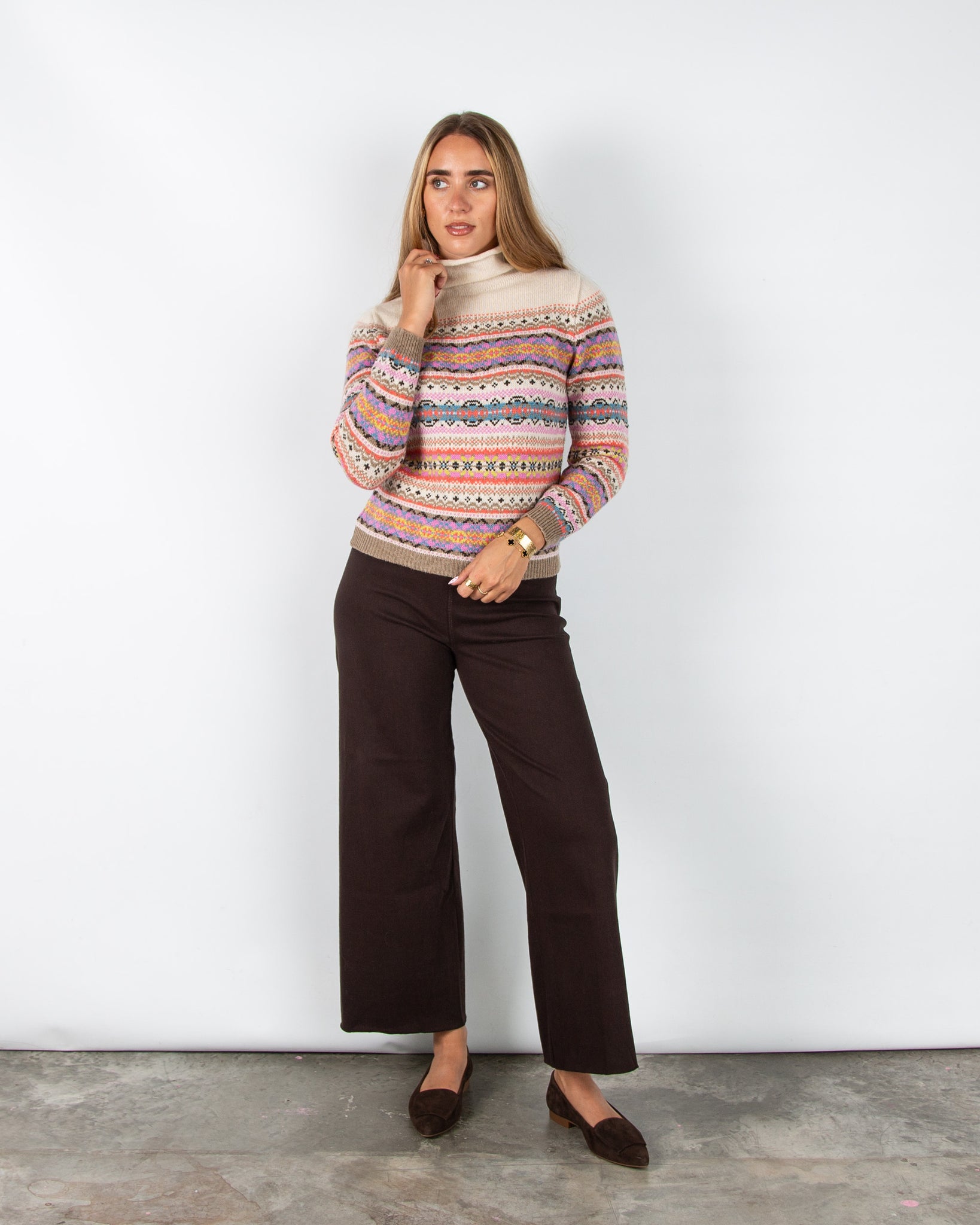 Eribe Kinross High Neck Fair Isle Wool Jumper Cream/coral