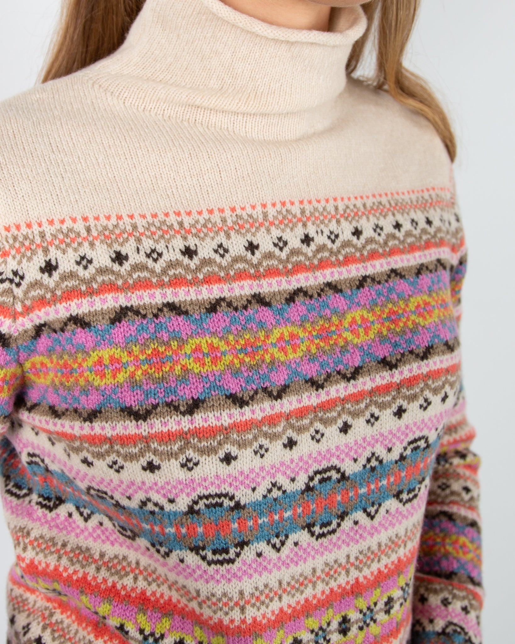 Eribe Kinross High Neck Fair Isle Wool Jumper Cream/coral