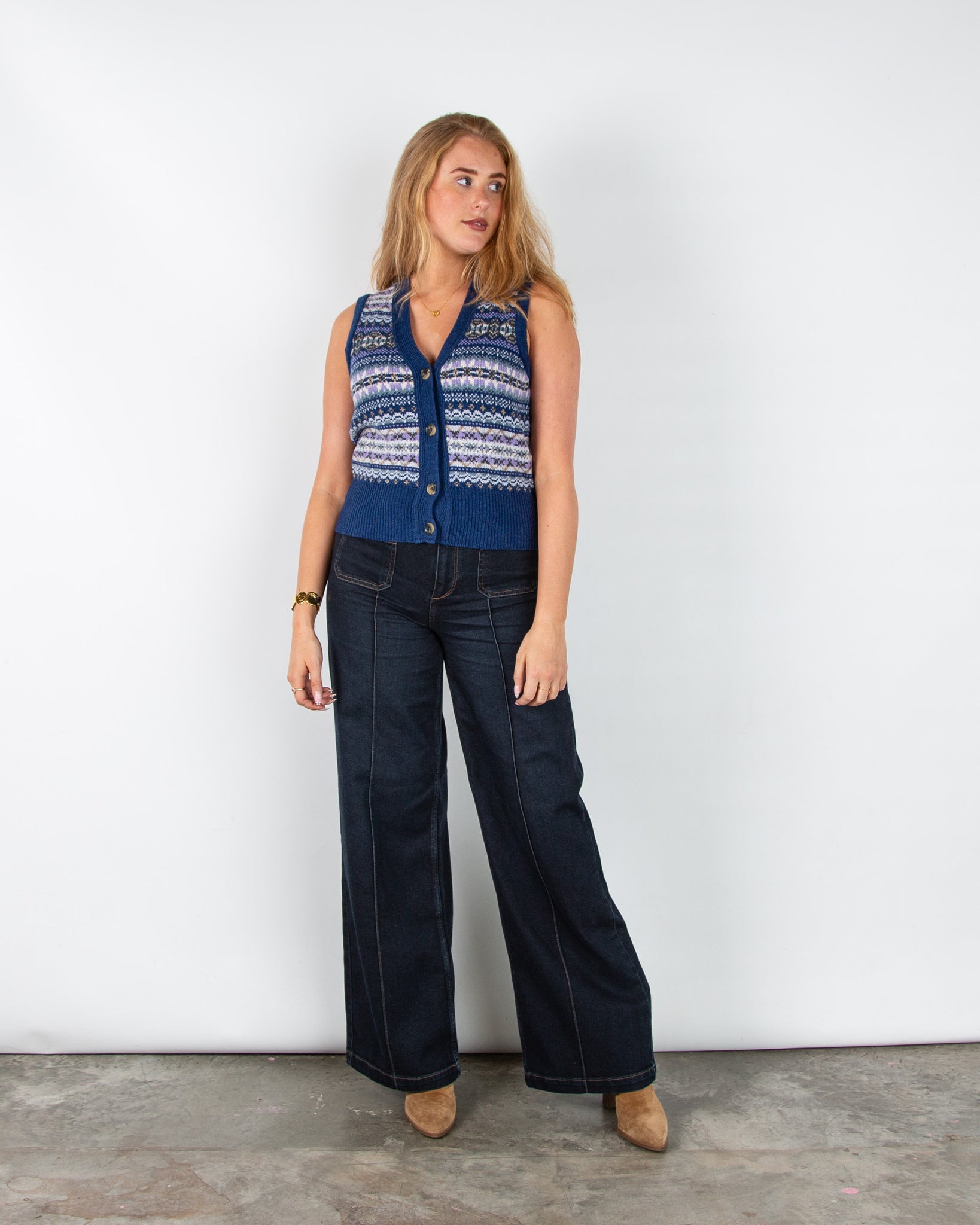 Eribe Kinross V Neck Fair Isle Wool Waistcoat Sapphire