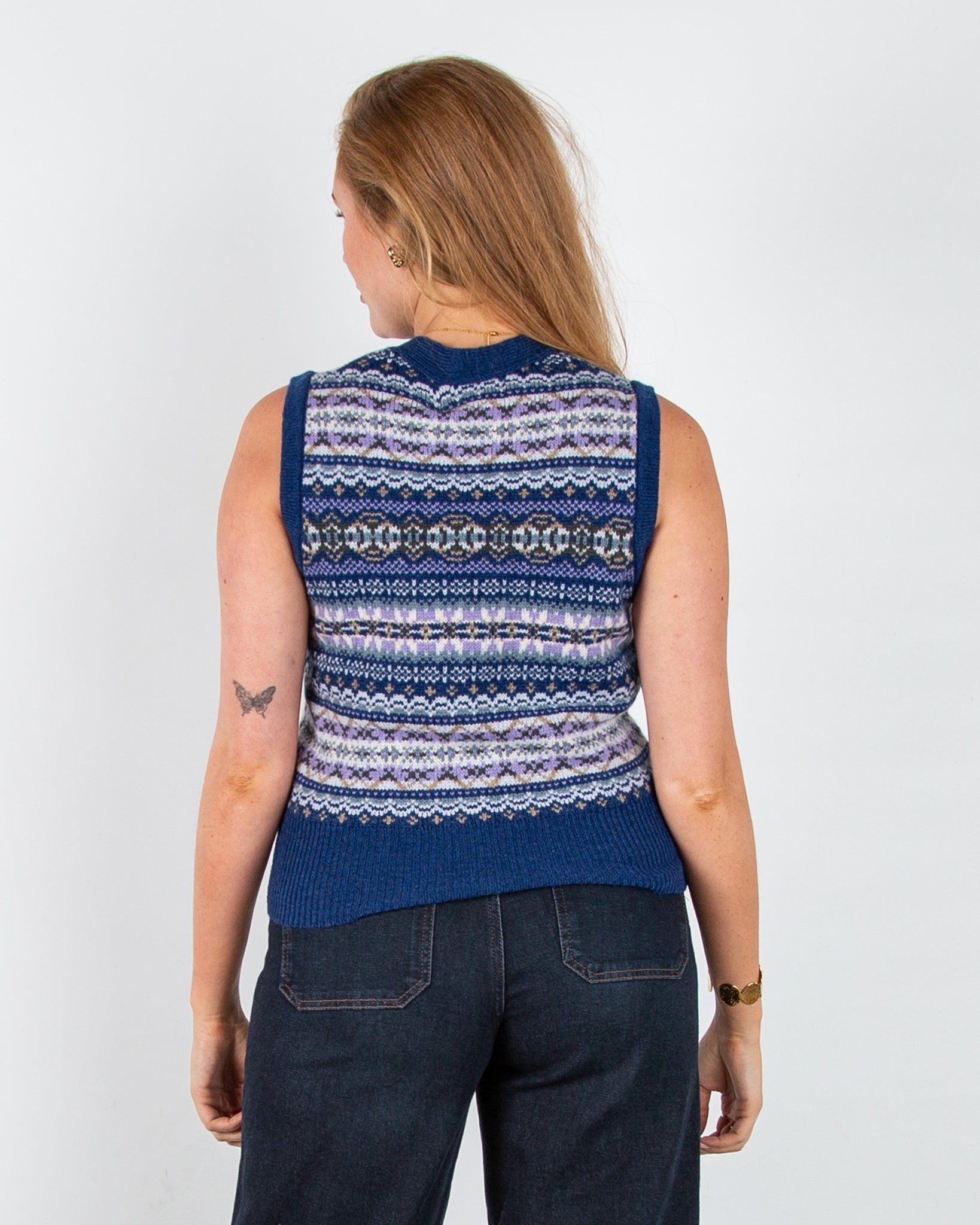 Eribe Kinross V Neck Fair Isle Wool Waistcoat Sapphire