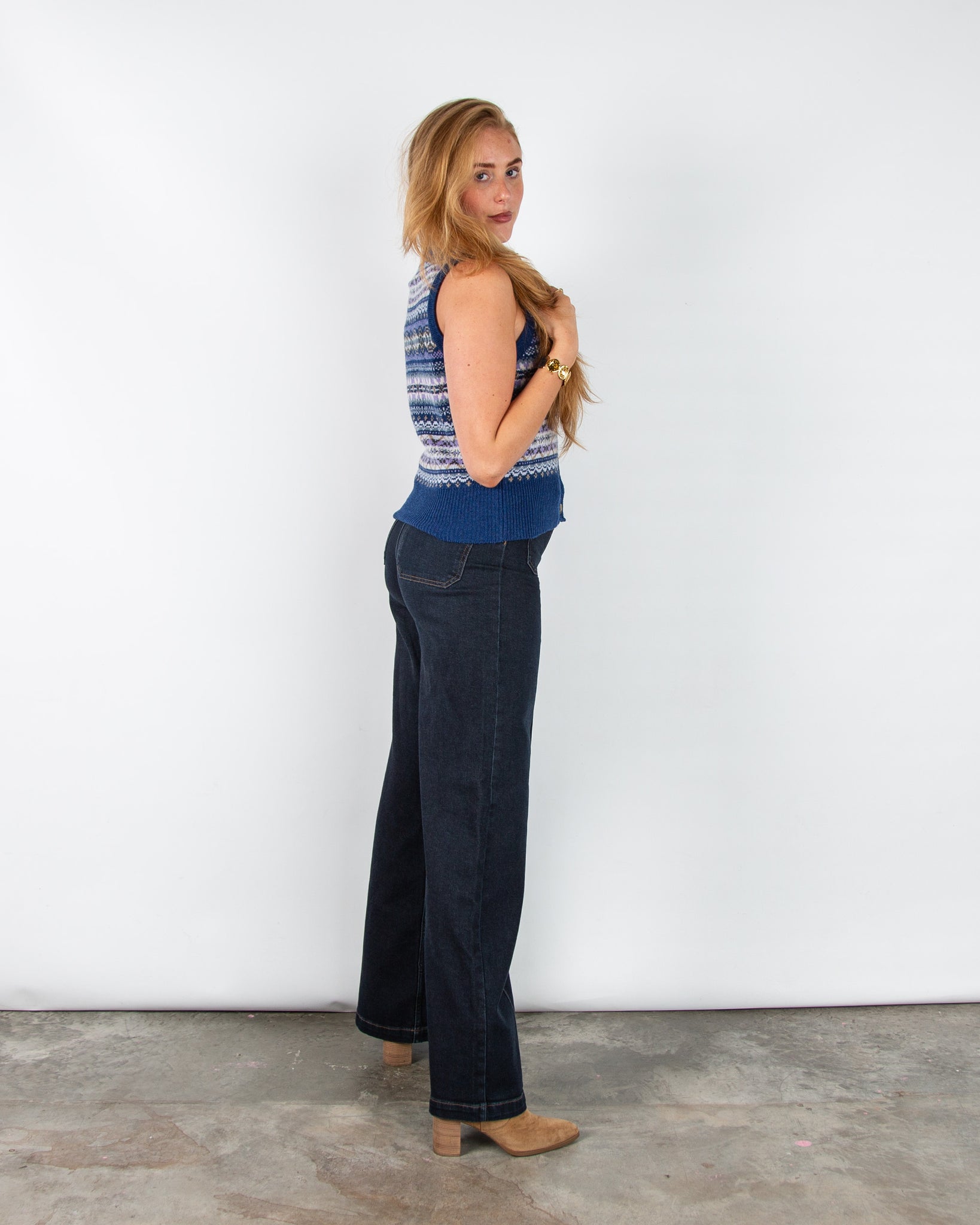 Eribe Kinross V Neck Fair Isle Wool Waistcoat Sapphire