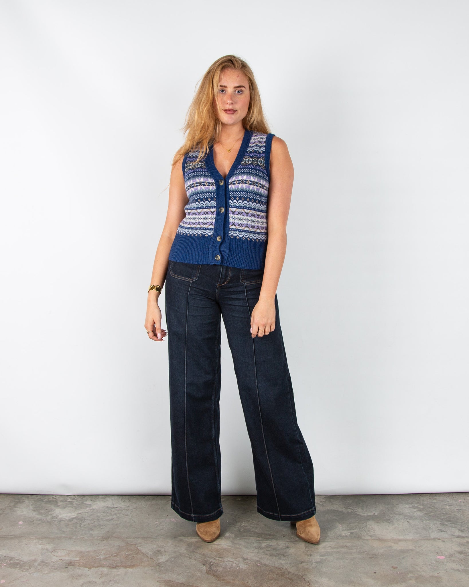 Eribe Kinross V Neck Fair Isle Wool Waistcoat Sapphire