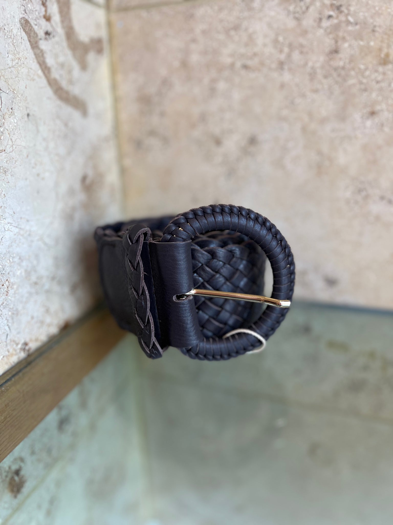 Abro Wide Woven Italian Leather Belt Dark Brown