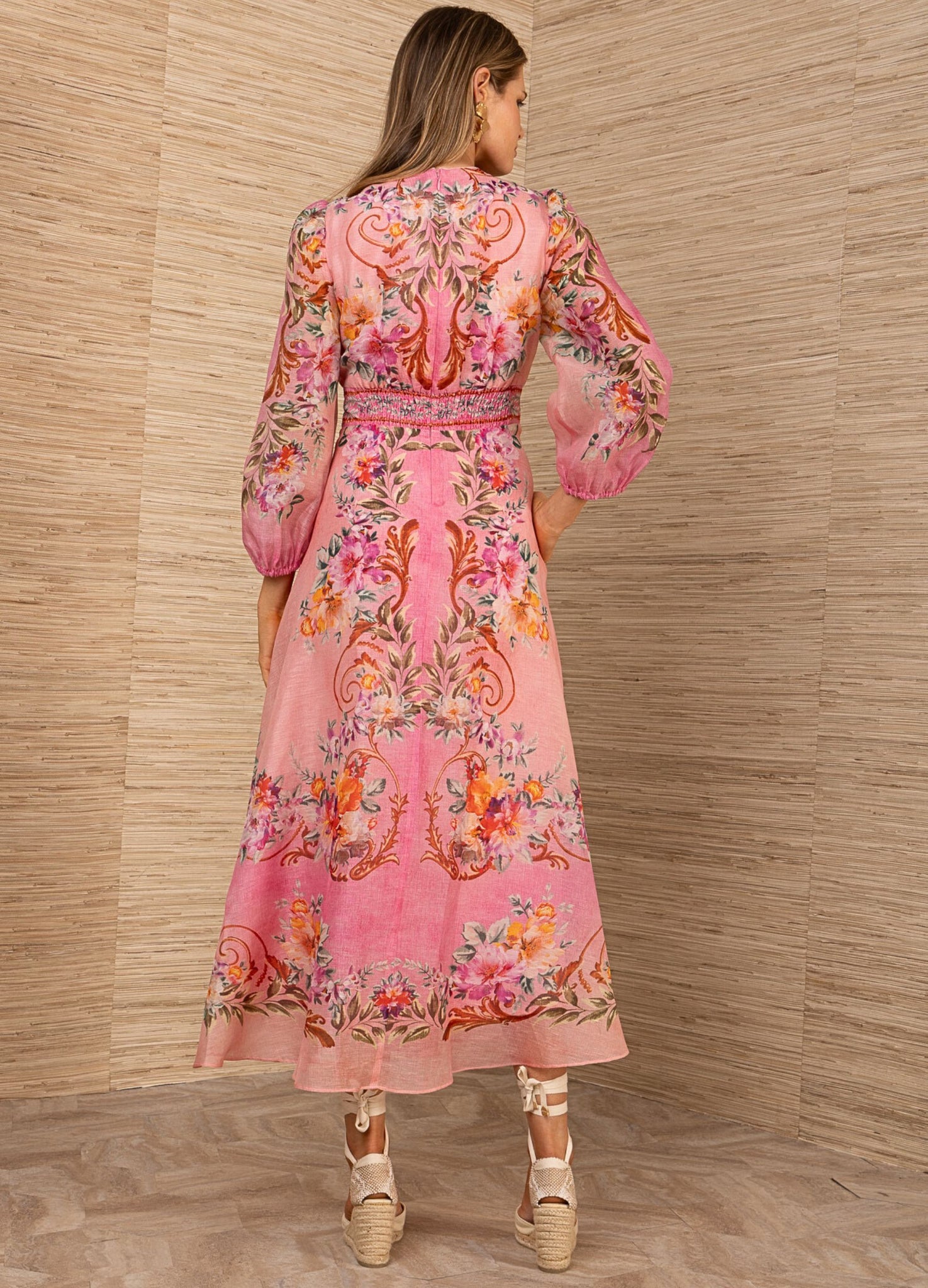 Hale Bob Floral Silk Organza Empire Line Maxi Dress Pink