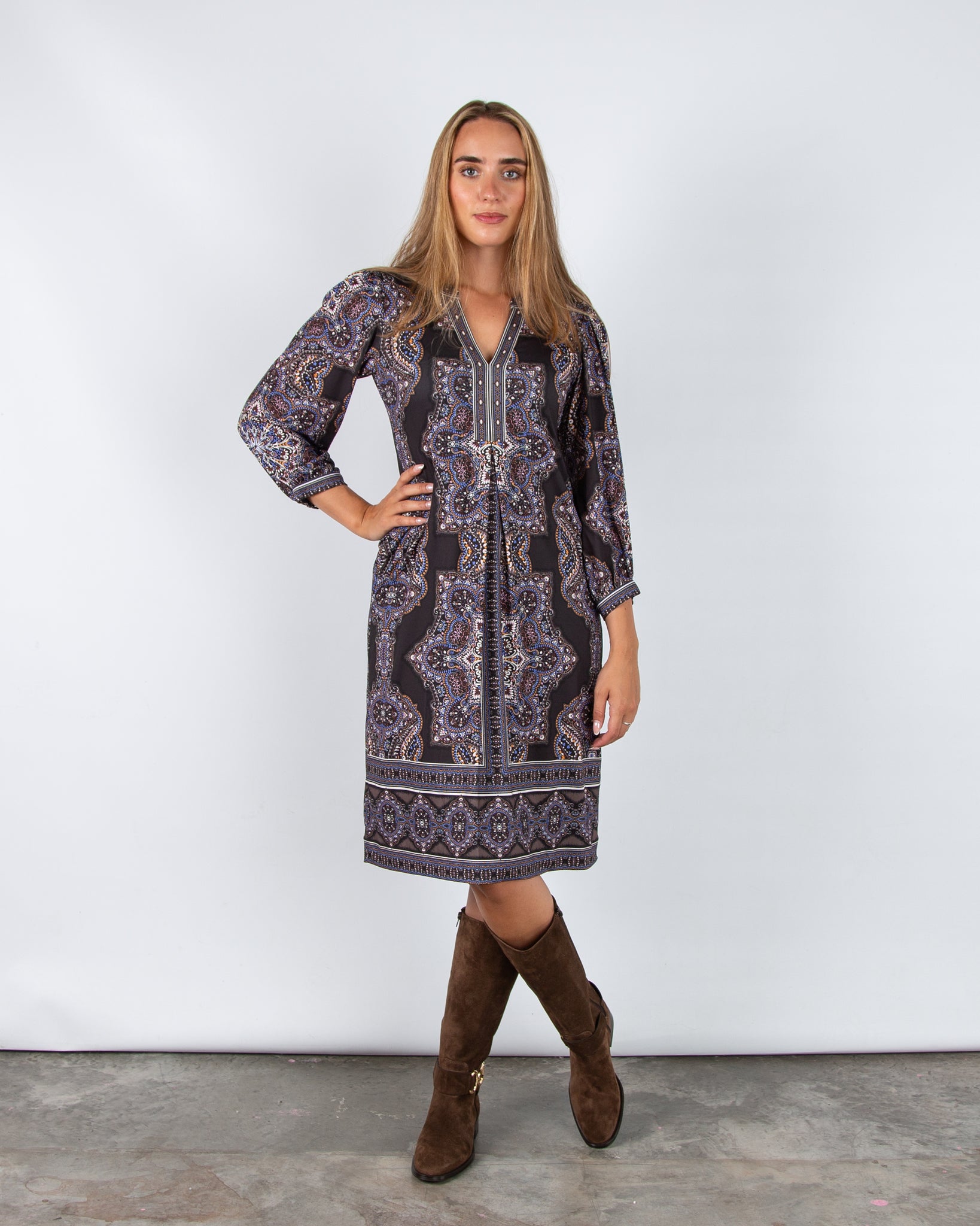 Hale Bob Mandala Print Split Neck Jersey Signature Dress Black Multi