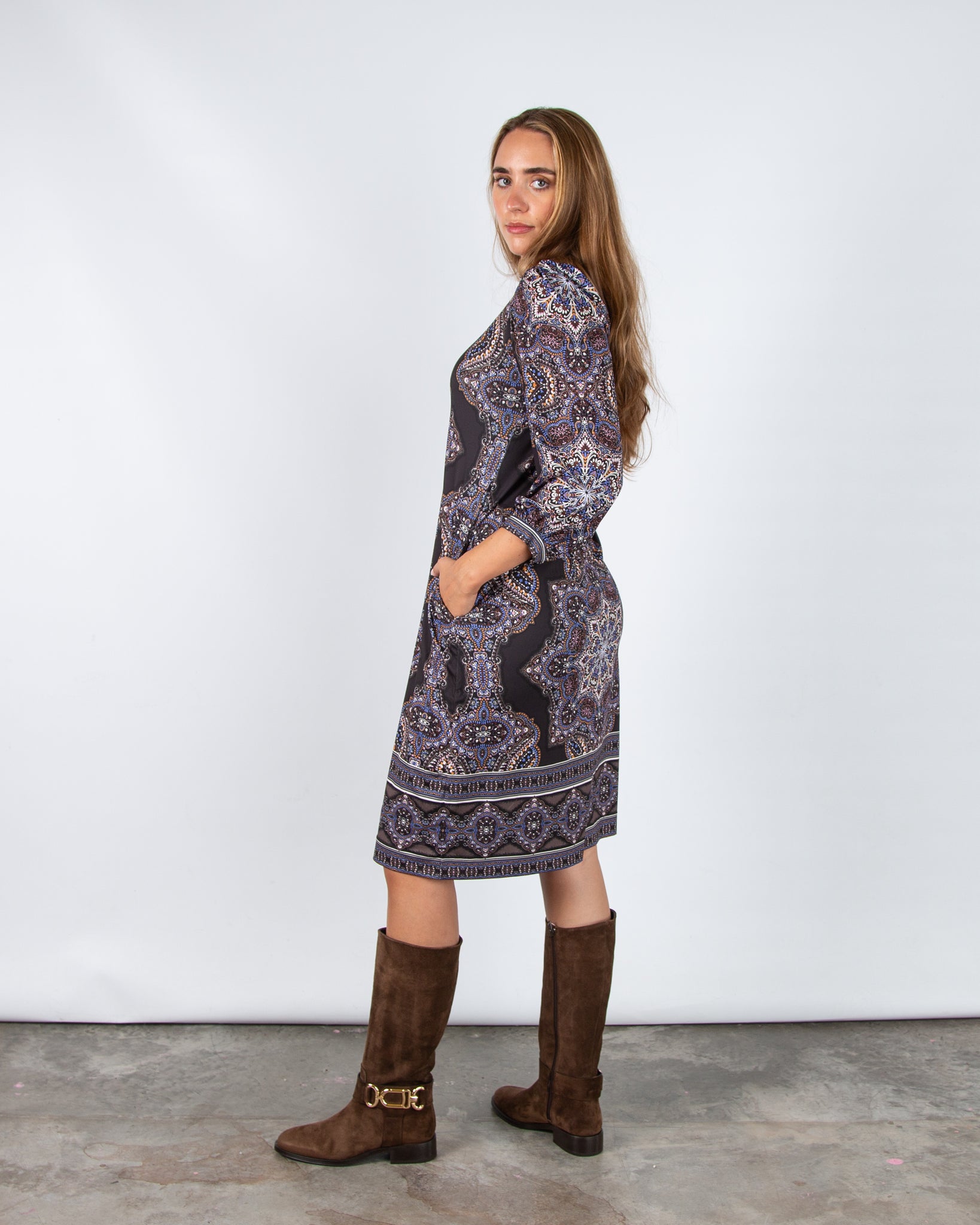 Hale Bob Mandala Print Split Neck Jersey Signature Dress Black Multi