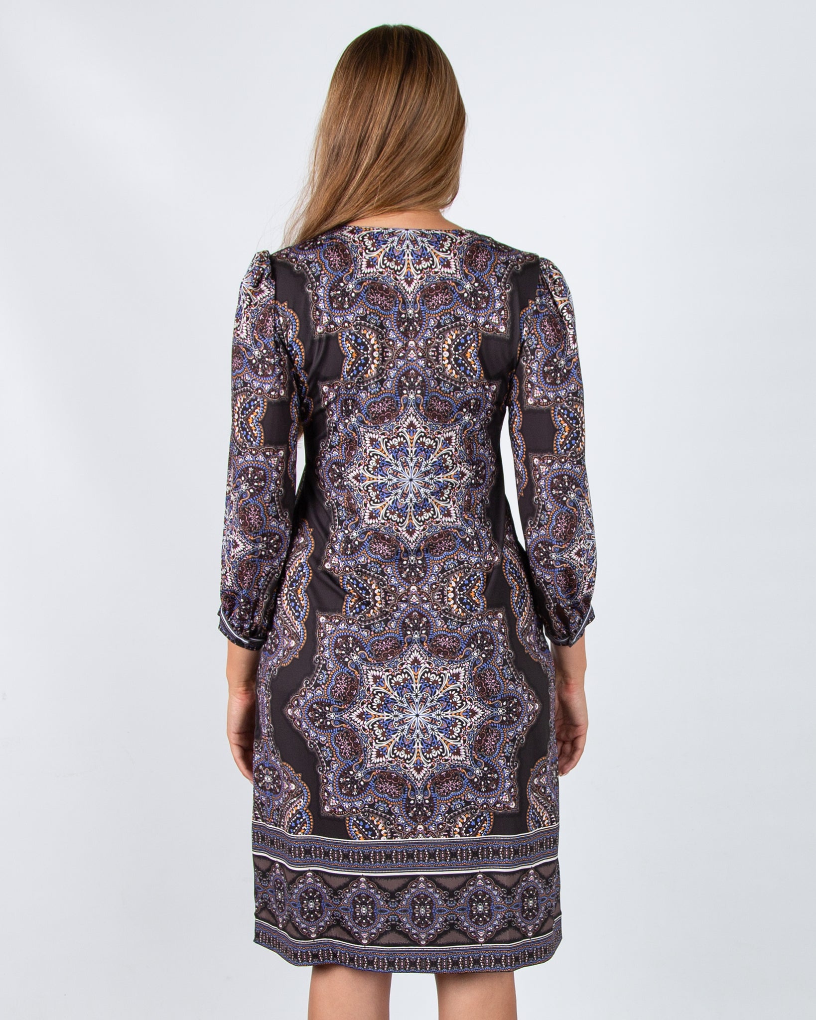 Hale Bob Mandala Print Split Neck Jersey Signature Dress Black Multi