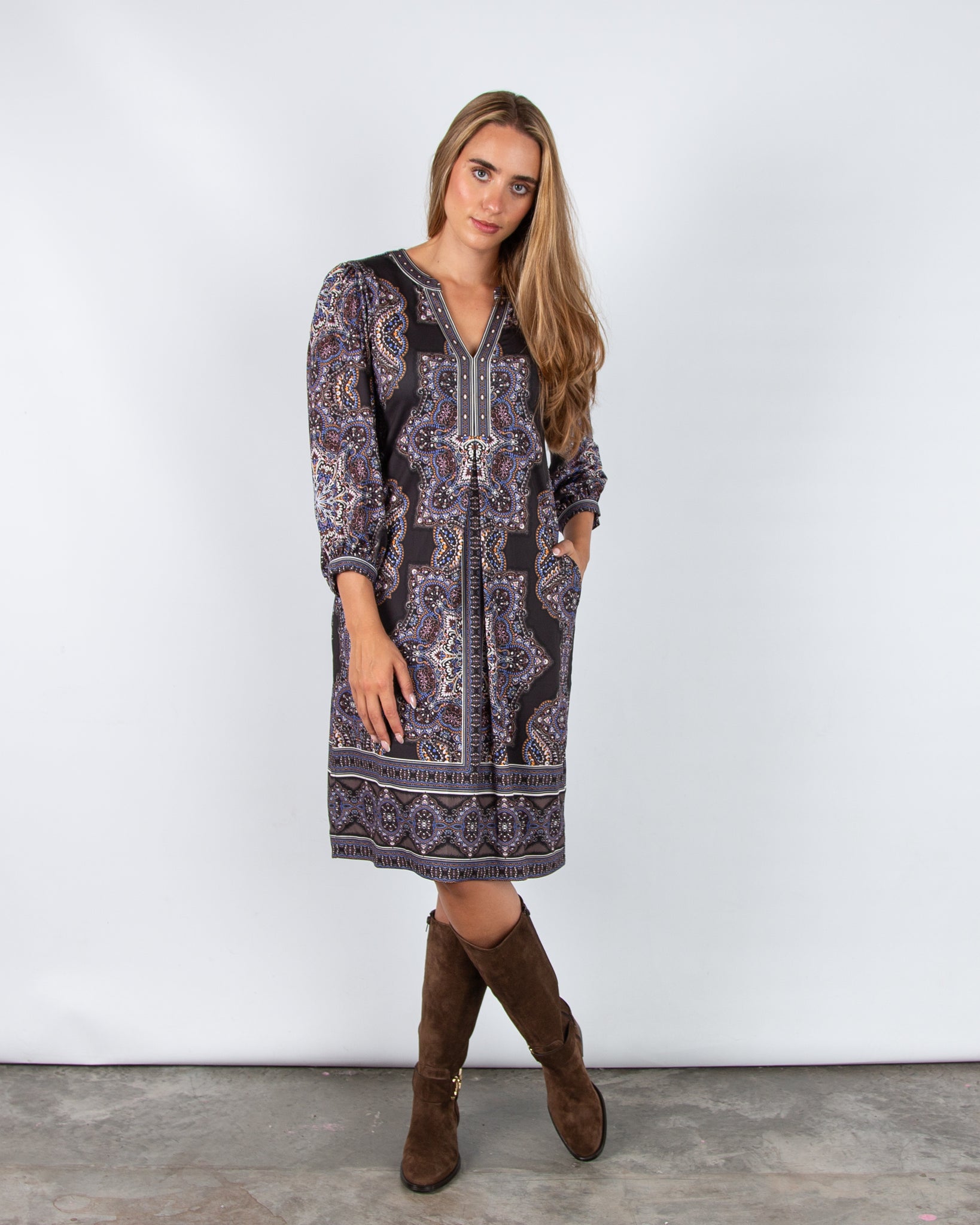 Hale Bob Mandala Print Split Neck Jersey Signature Dress Black Multi