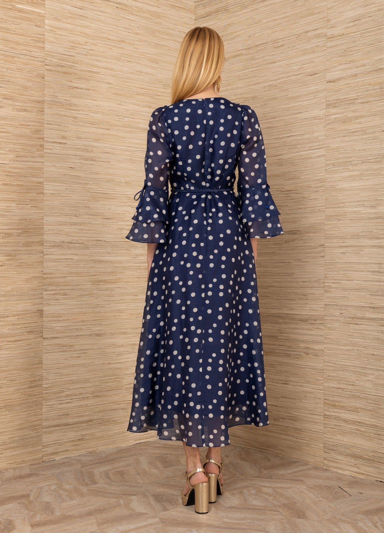 Hale Bob Organza Polka Dot Dress With Frill Sleeve & Belt Navy/White
