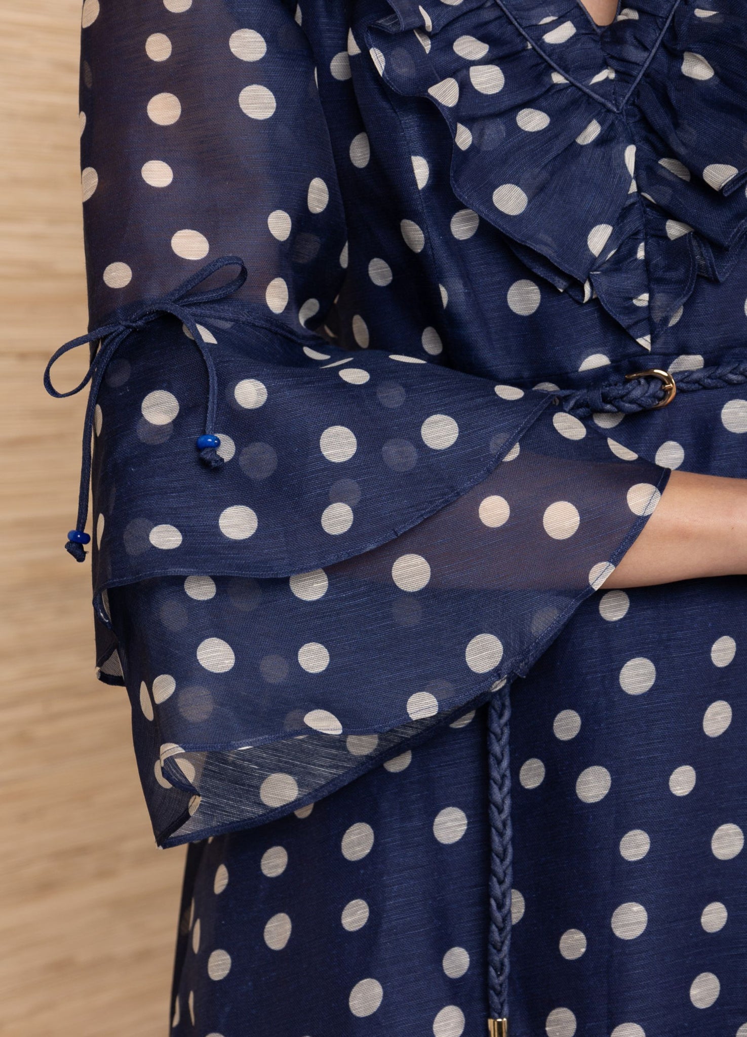 Hale Bob Organza Polka Dot Dress With Frill Sleeve & Belt Navy/White