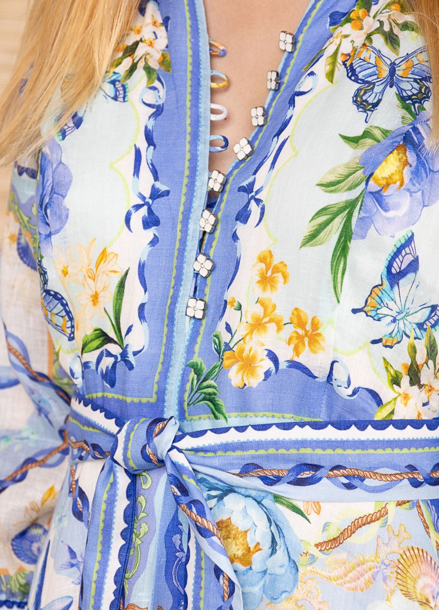 Hale Bob Sicilia Print Belted Linen Maxi Dress Blue/Yellow