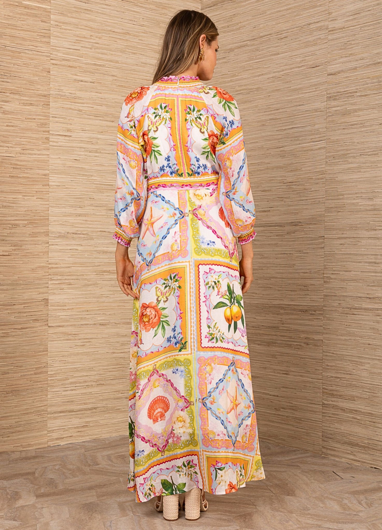Hale Bob Sicilia Print Belted Linen Maxi Dress Orange/Multi