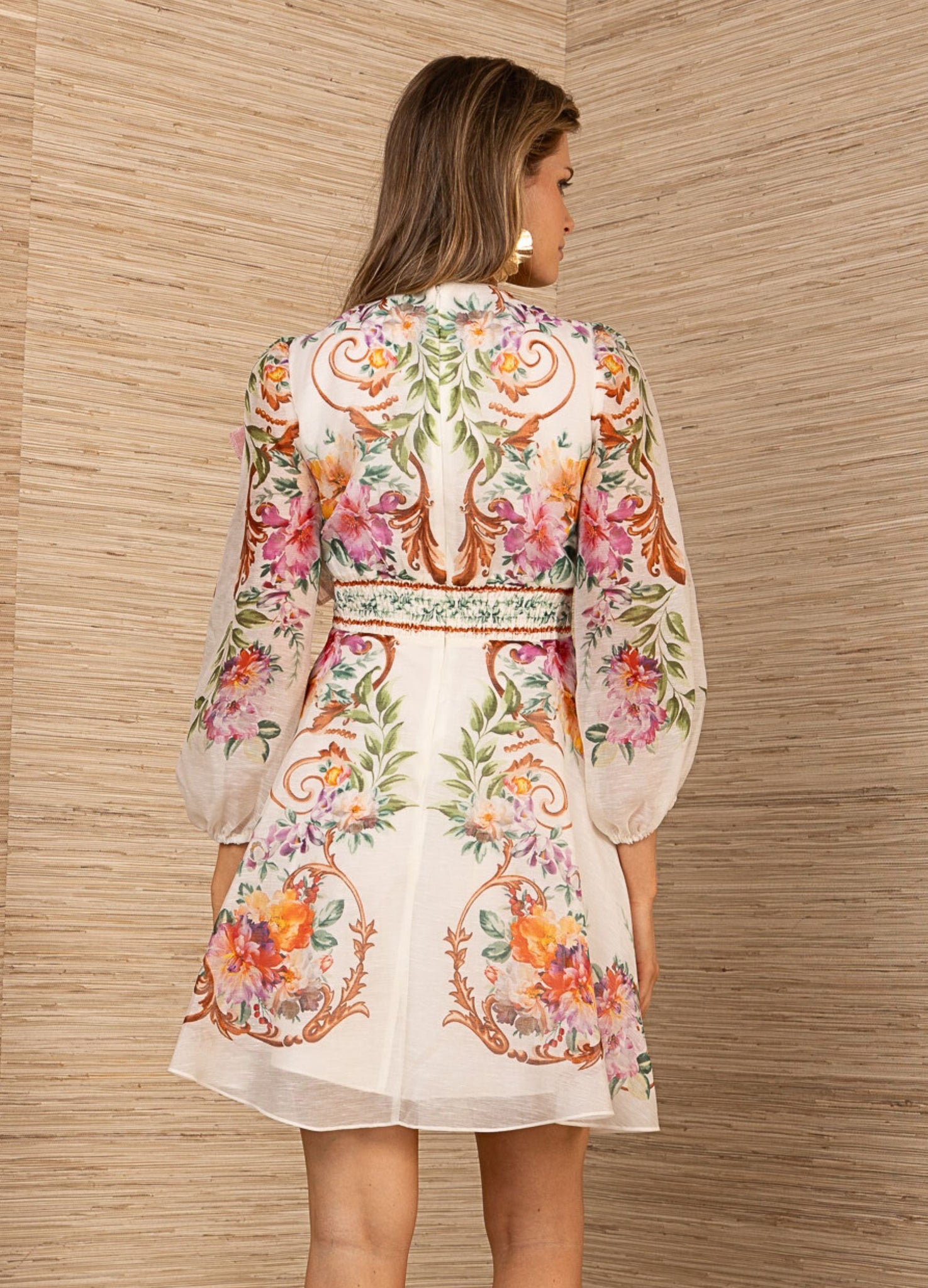 Hale Bob Floral Print Silk Organza Short Dress Ivory/Multi