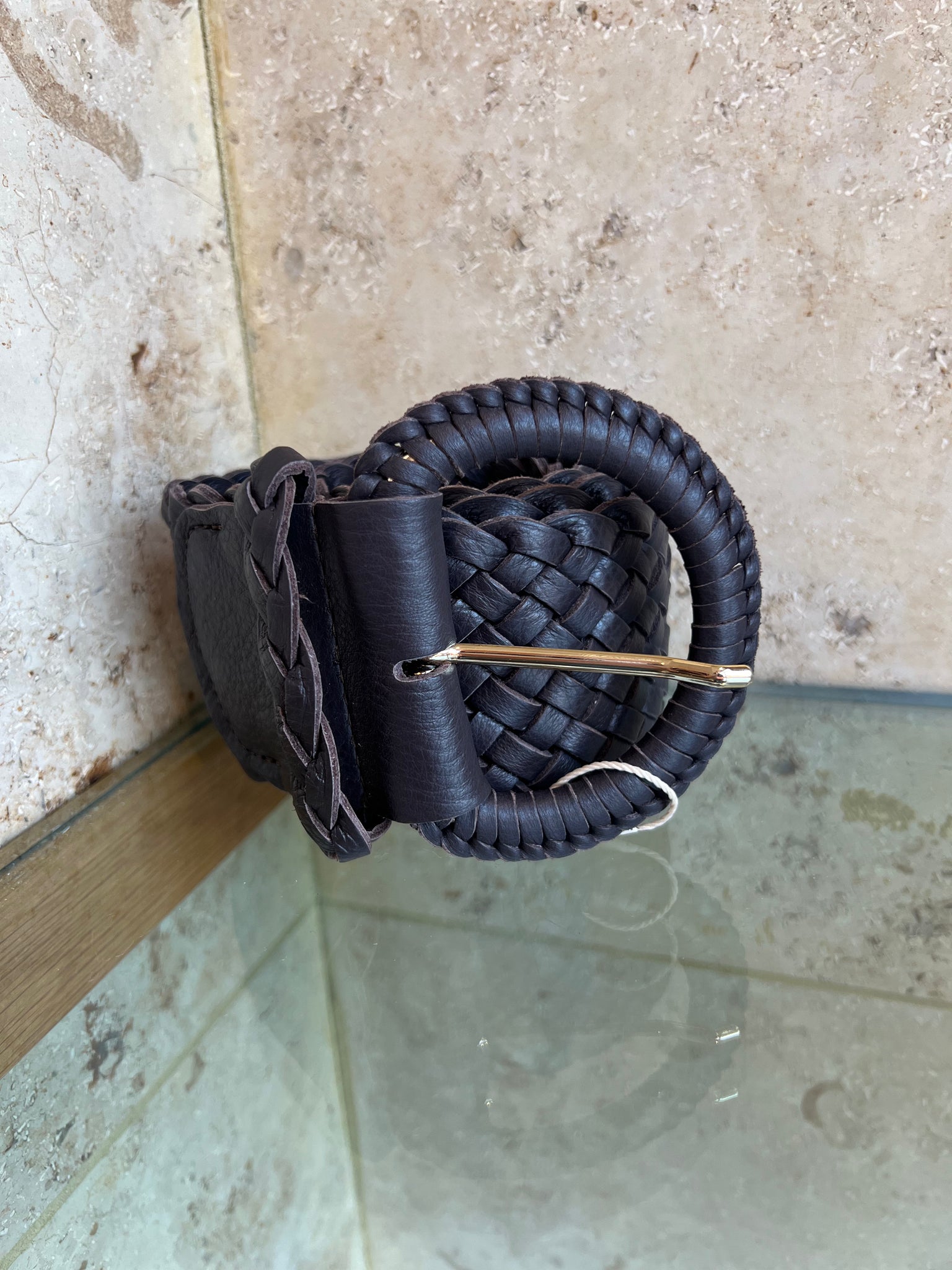 Abro Wide Woven Italian Leather Belt Dark Brown