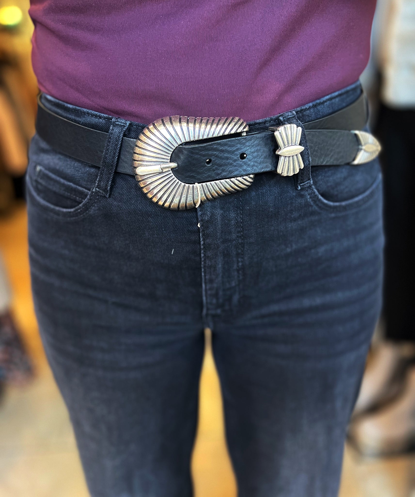 Abro Italian Leather Belt with Ribbed Buckle in Black/Gold