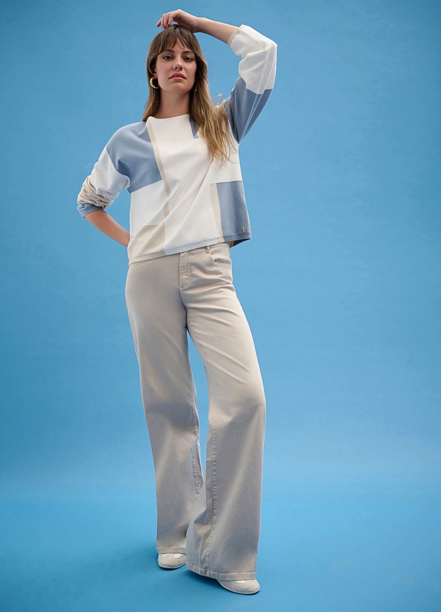 Joseph Ribkoff Slash Neck Colour Block Jumper White/Blue/Beige