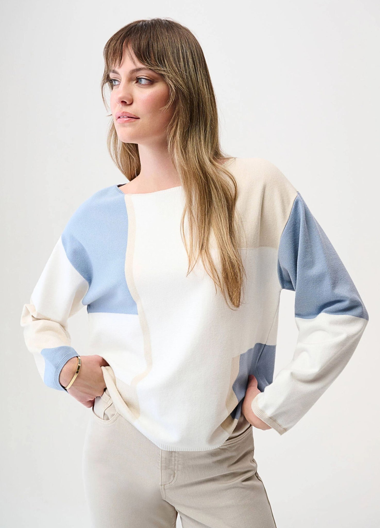 Joseph Ribkoff Slash Neck Colour Block Jumper White/Blue/Beige