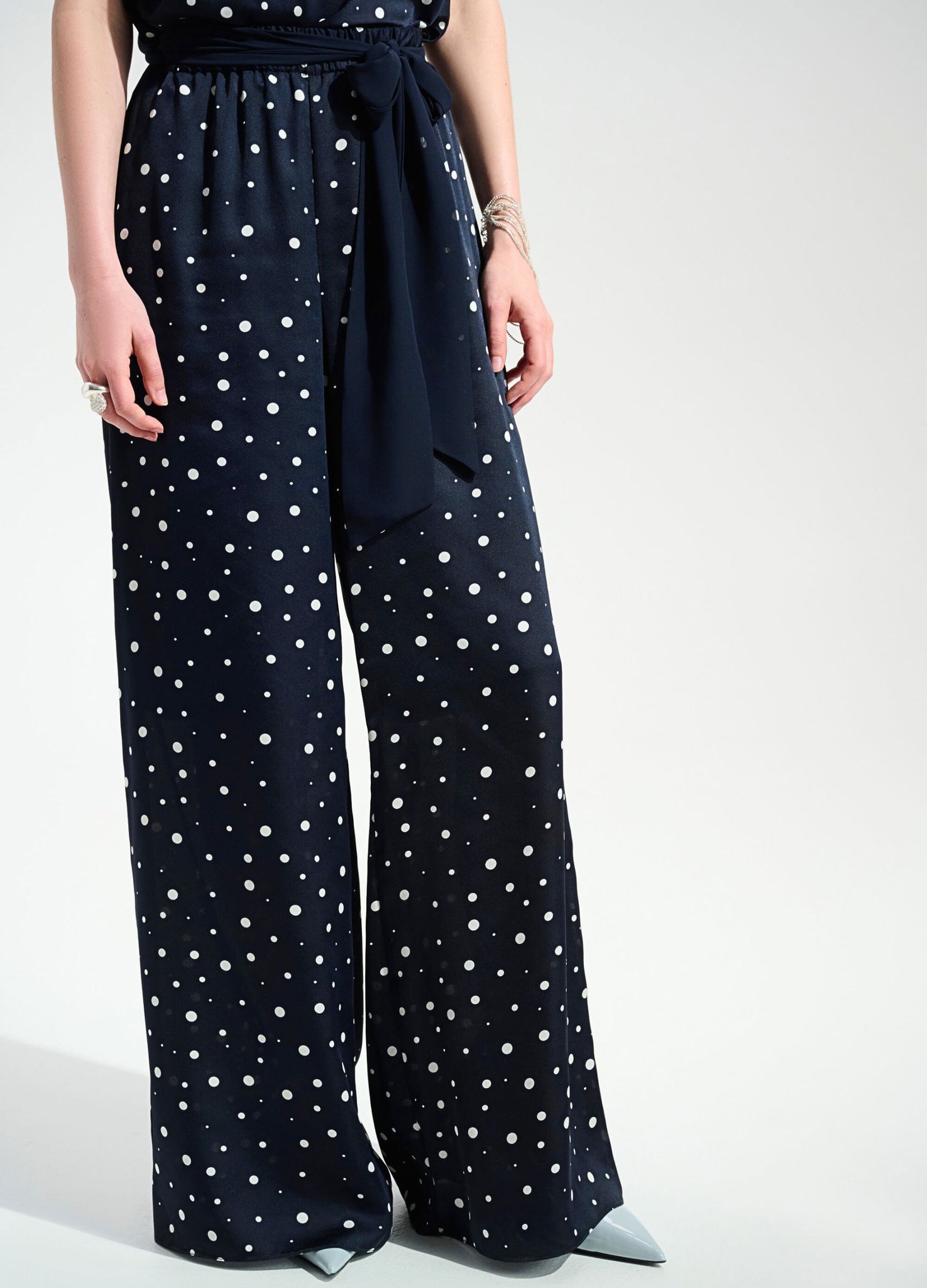 Joseph Ribkoff  Polkadot Wide Leg Satin Trouser With Belt Navy/White