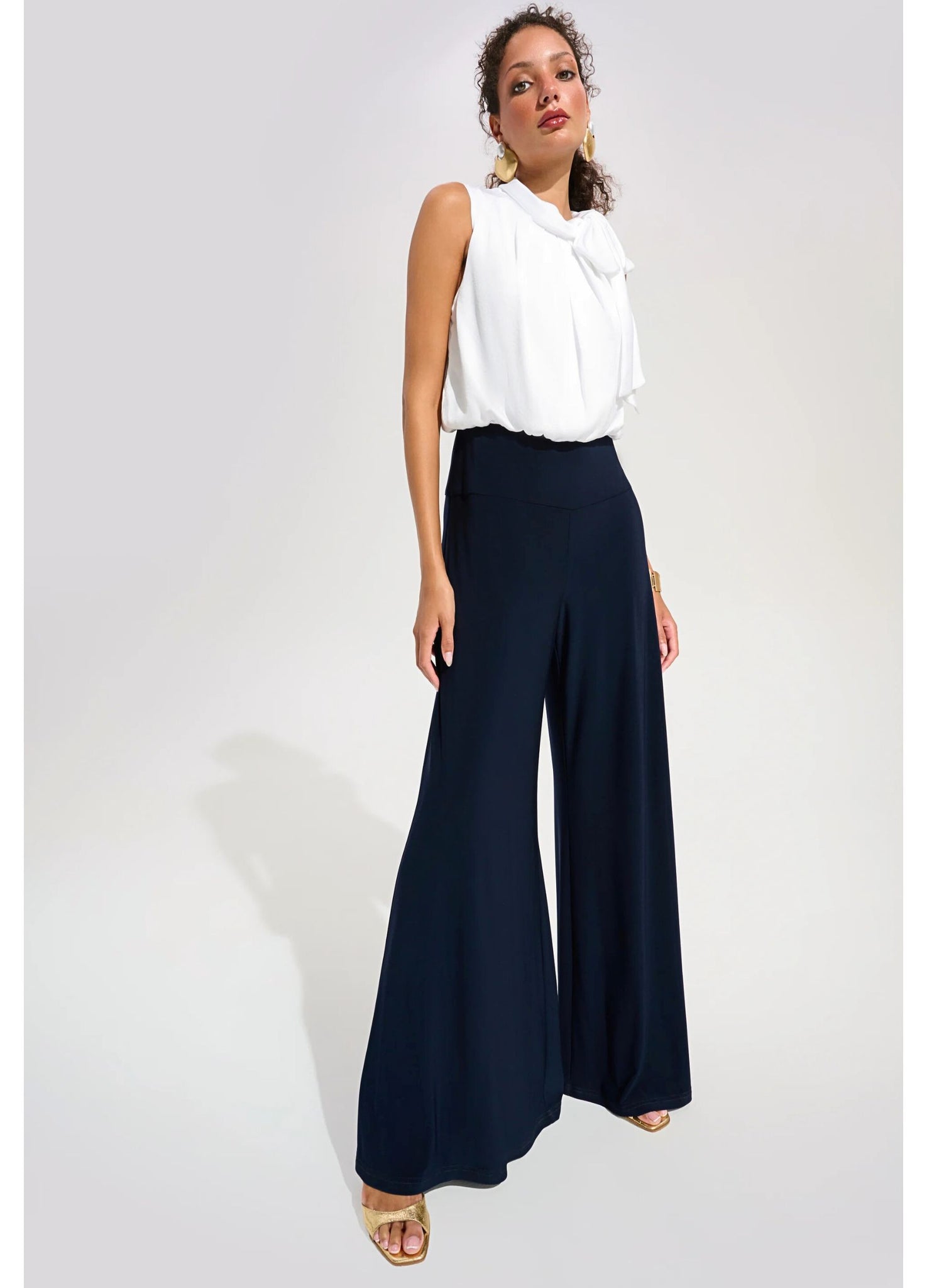 Joseph Ribkoff Two Tone Sleeveless Jumpsuit With Tie Neck Navy/White