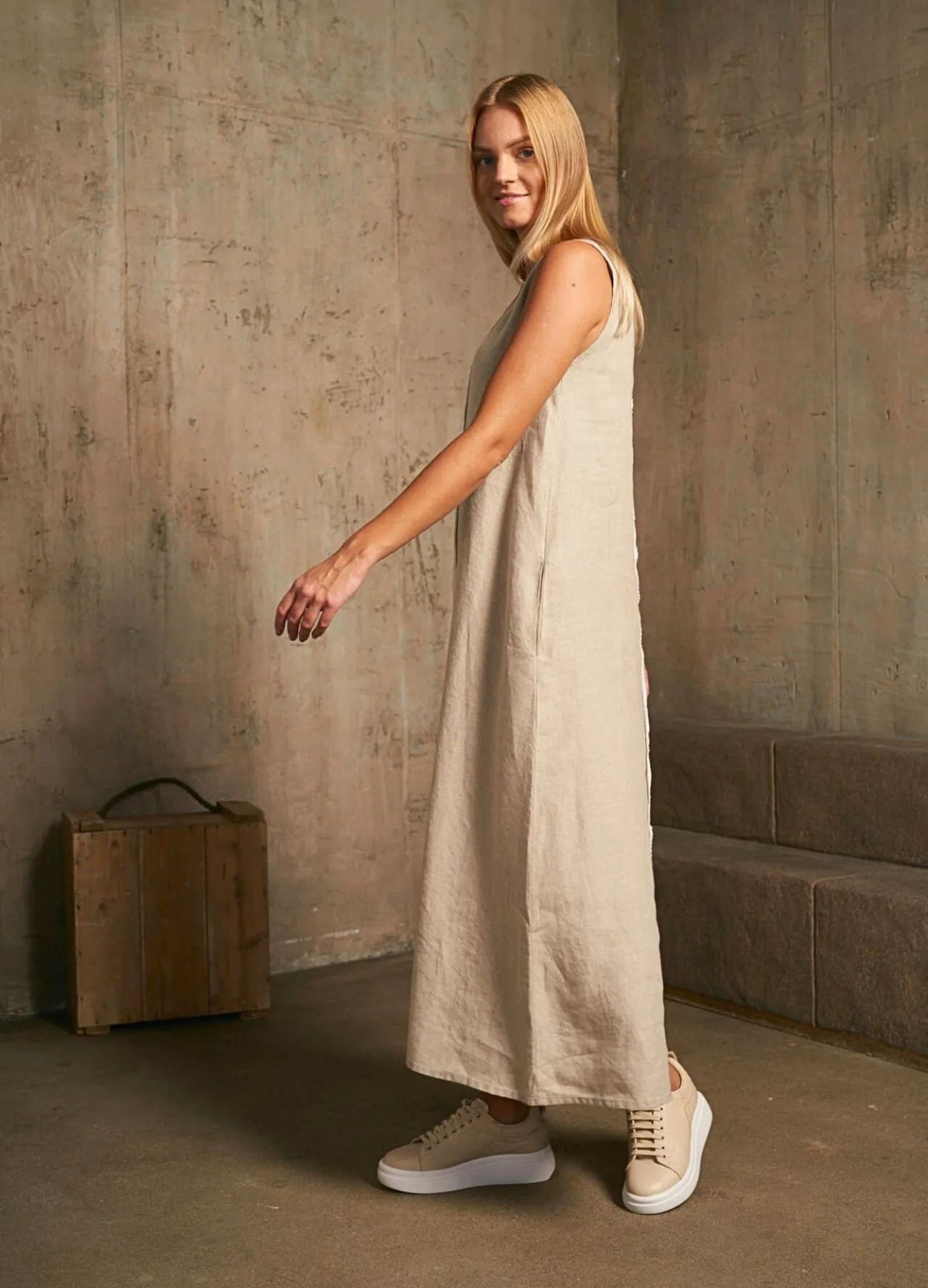 Luel Sleeveless A Line Linen Maxi Dress with Contrast Seam Natural