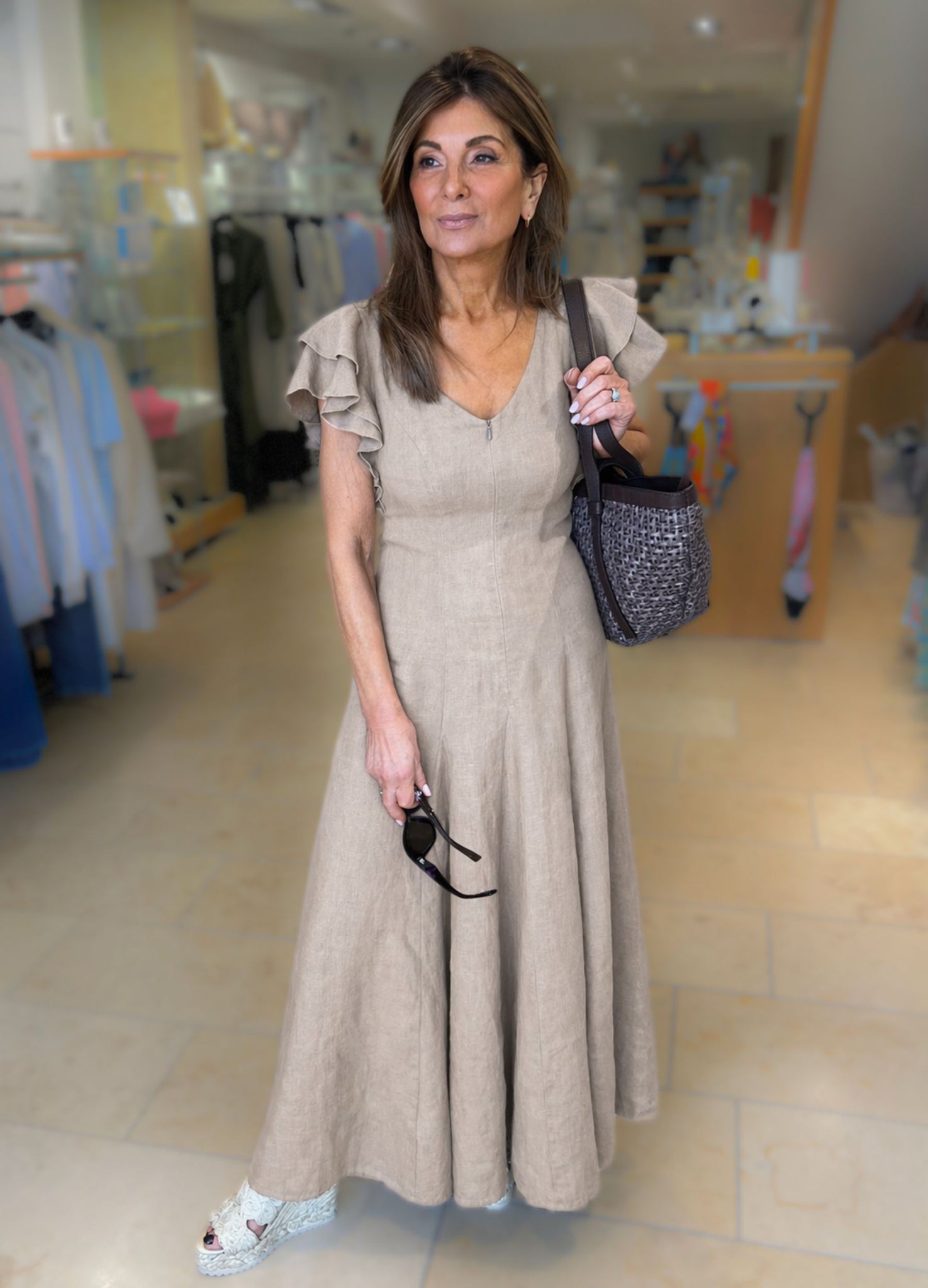 Luel V Neck Zip Front Fit and Flare Linen Dress with Frill Sleeves Nat SisterOnlinestore Luel V Neck Zip Front Fit and Flare Linen Dress with Frill Sleeves Nat SisterOnlinestore