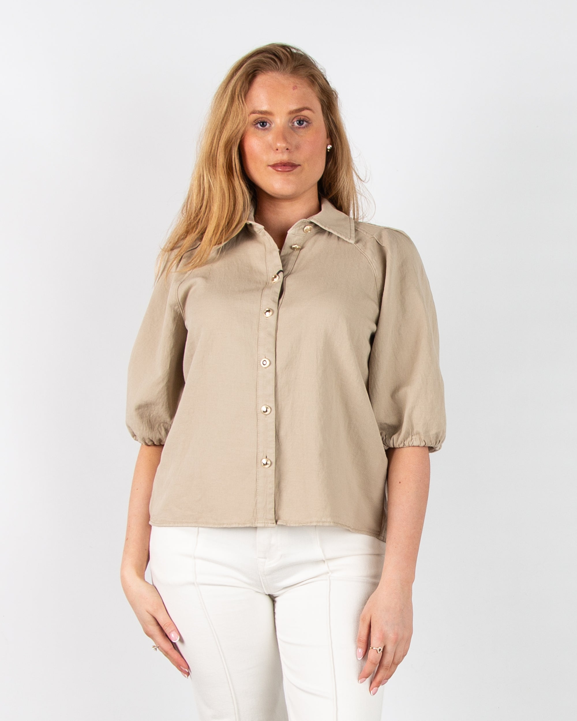 トップス LOHEN DOUBLE BUTTON BLOUSE Luisa Cerano Linen Blend Denim Blouse with Puff Sleeves and Collar