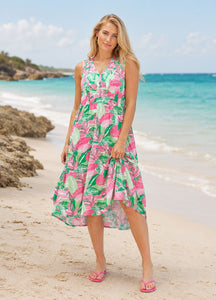 Marble Fashions Leaf Print Sleeveless Jersey Dress Pink/green