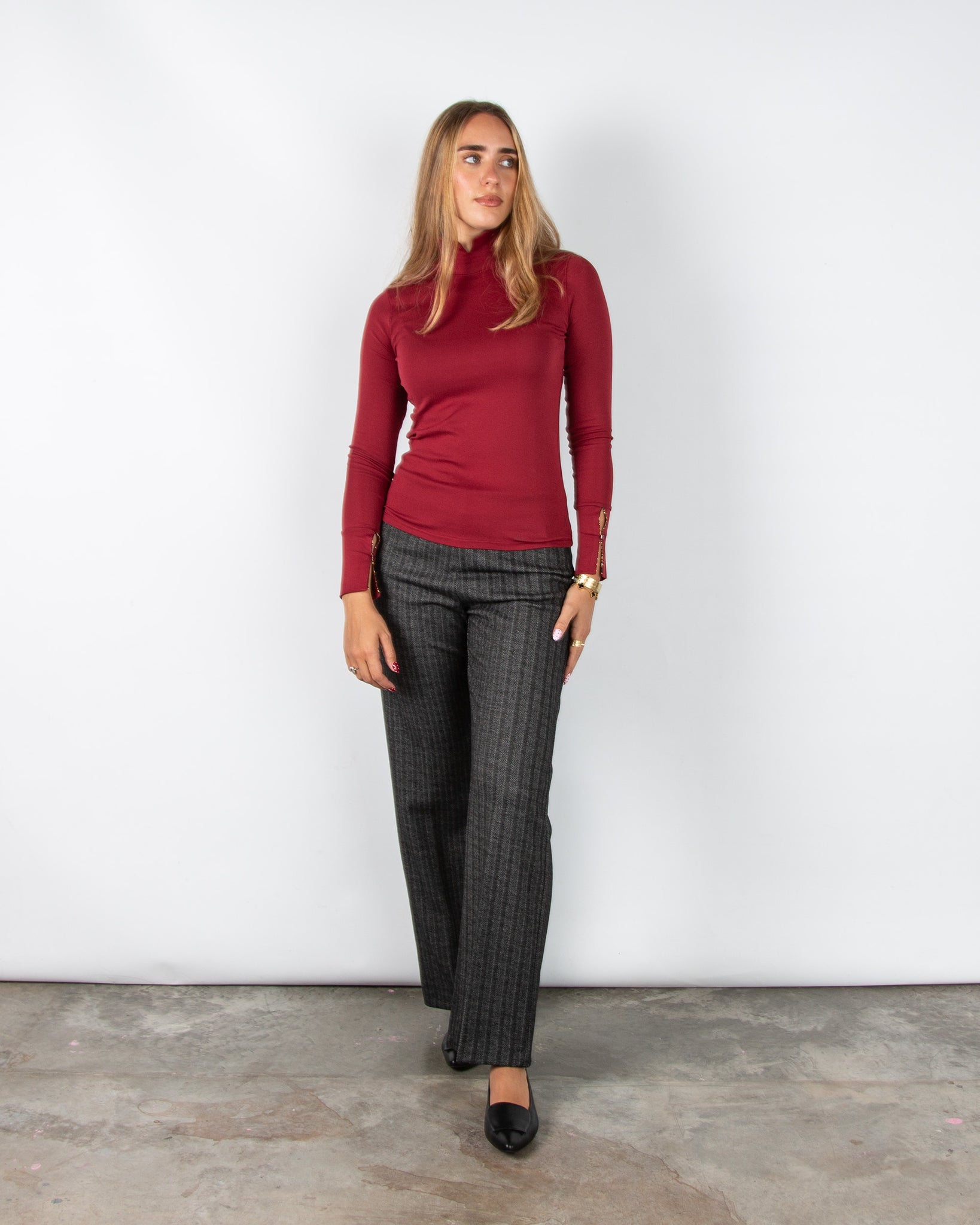 Marc Cain City Tour Fitted Cotton Stretch Top With Split Polo Neck Maroon 289