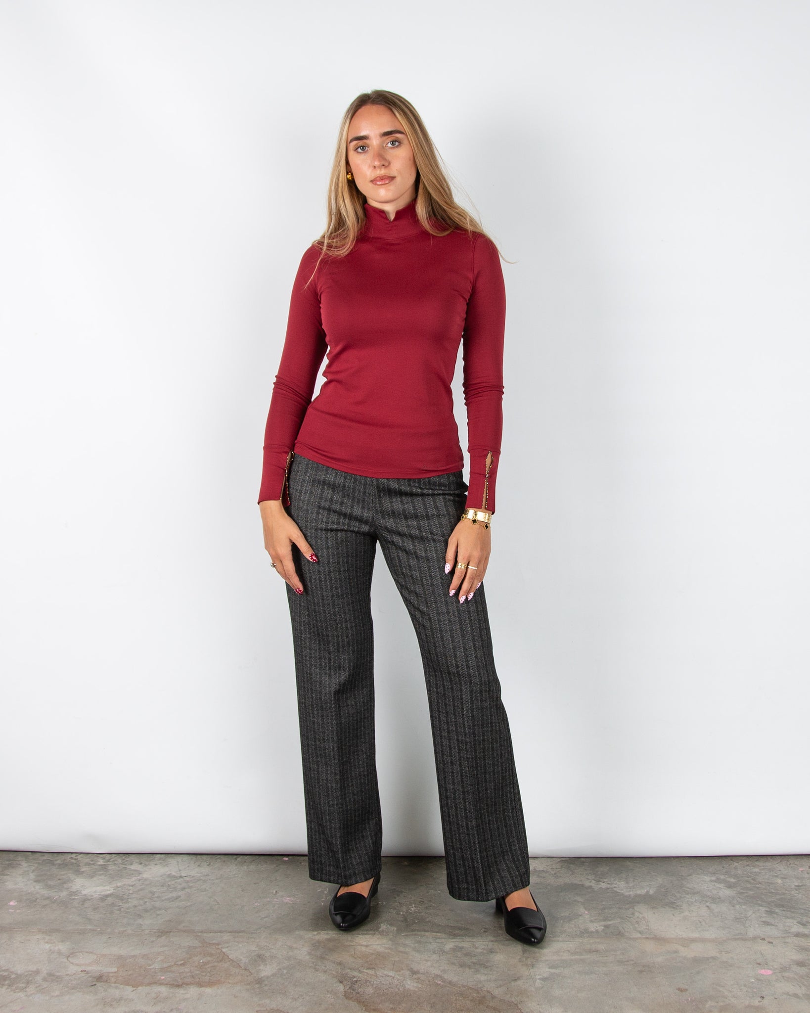 Marc Cain City Tour Fitted Cotton Stretch Top With Split Polo Neck Maroon 289