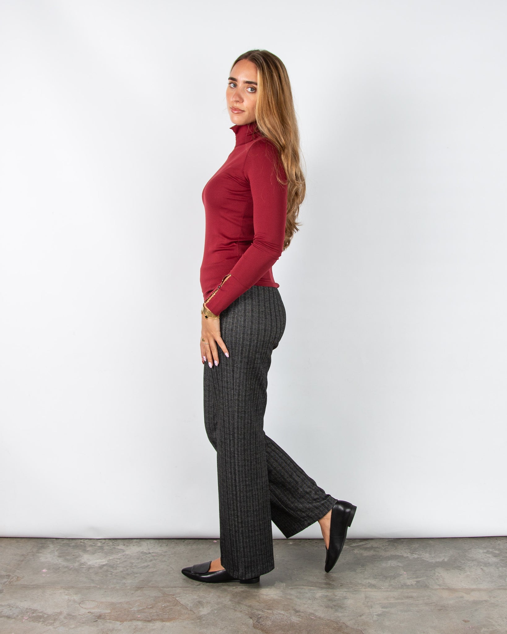 Marc Cain City Tour Fitted Cotton Stretch Top With Split Polo Neck Maroon 289