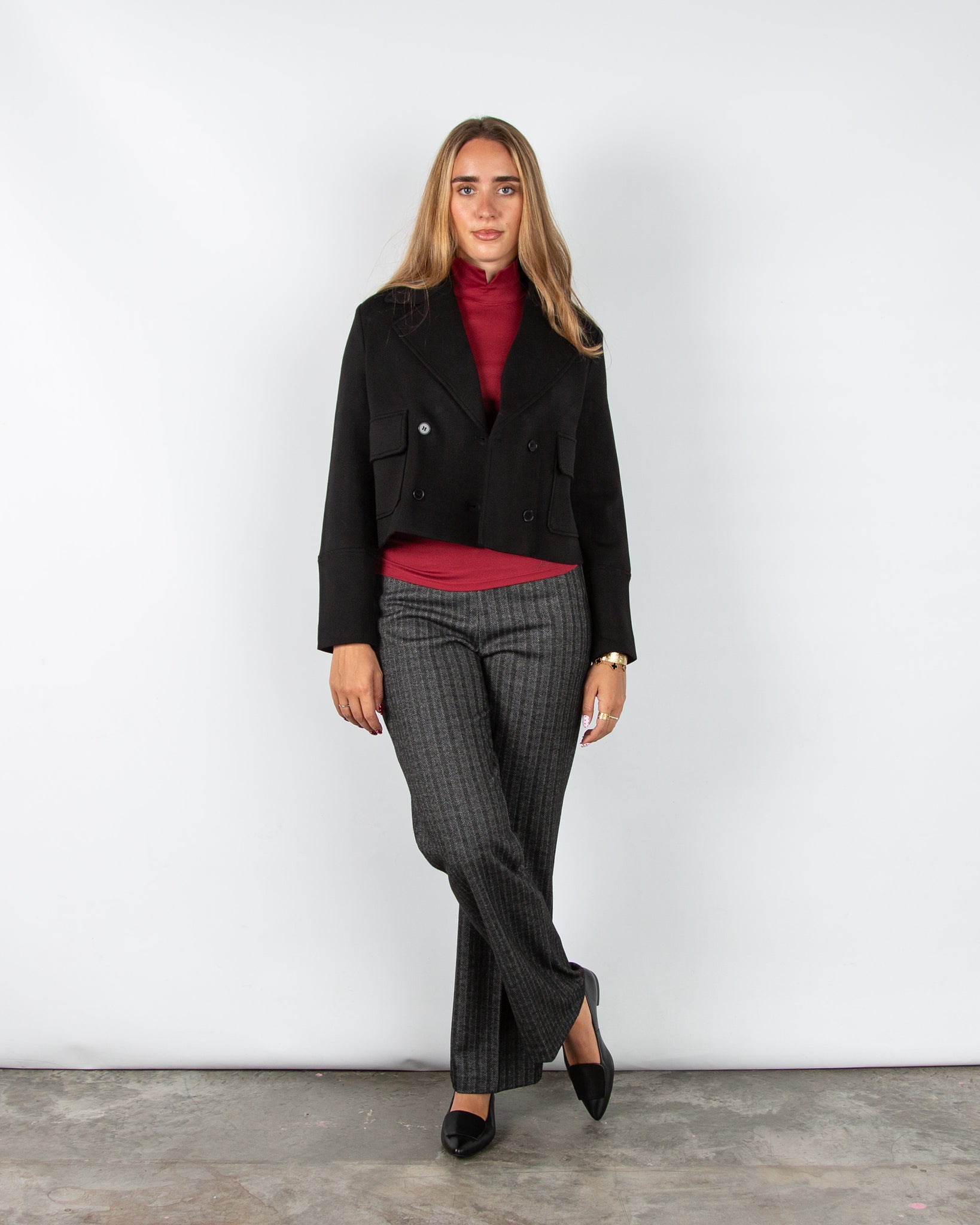 Marc Cain City Tour Fitted Cotton Stretch Top With Split Polo Neck Maroon 289