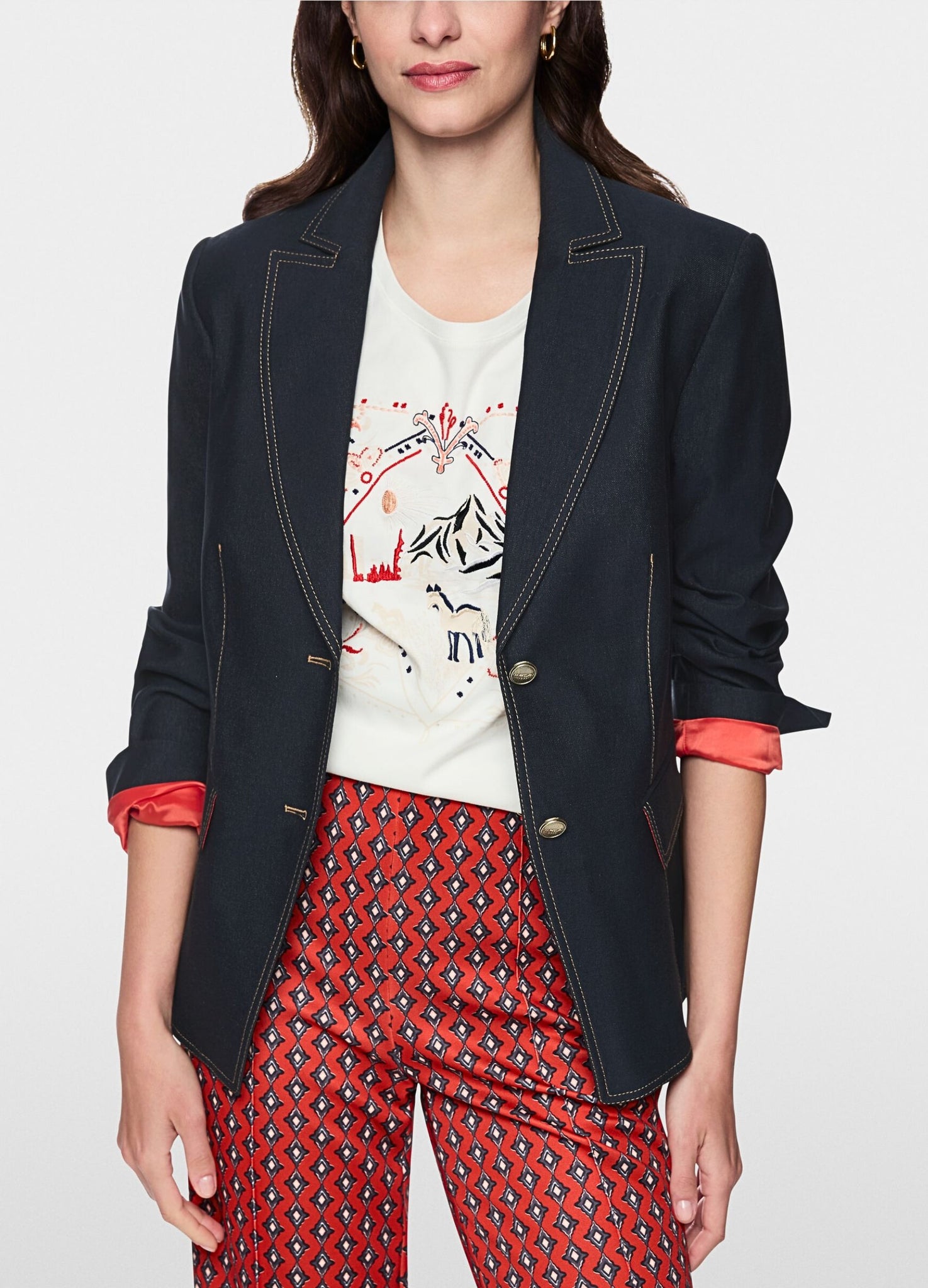 Marc Cain Prairie Muse Contrast Stitch Fitted Denim Blazer Jacket Dark Denim