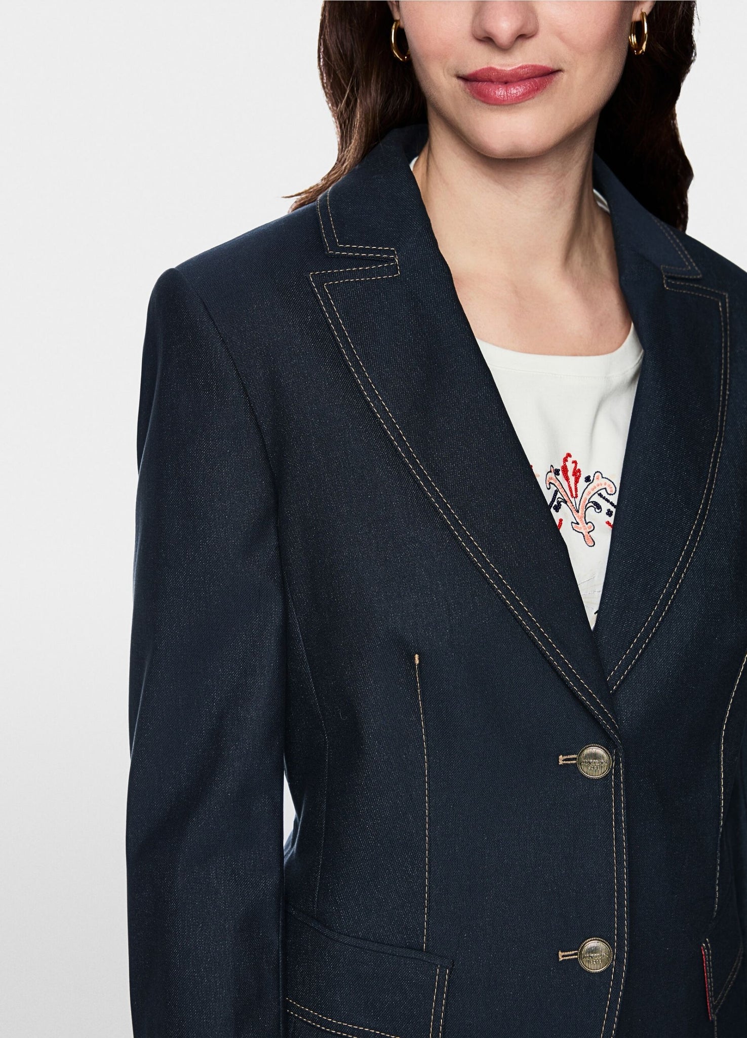 Marc Cain Prairie Muse Contrast Stitch Fitted Denim Blazer Jacket Dark Denim
