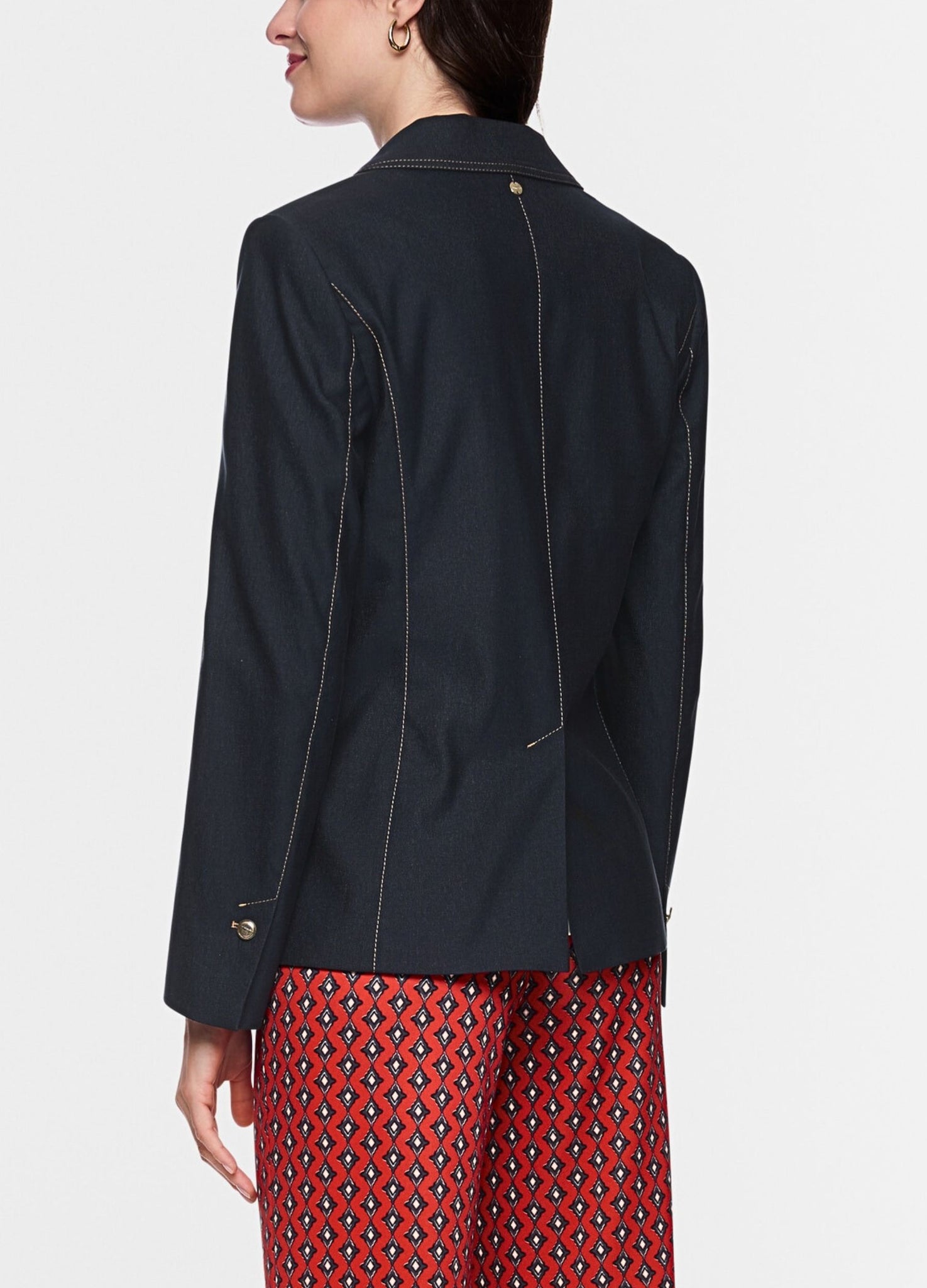 Marc Cain Prairie Muse Contrast Stitch Fitted Denim Blazer Jacket Dark Denim