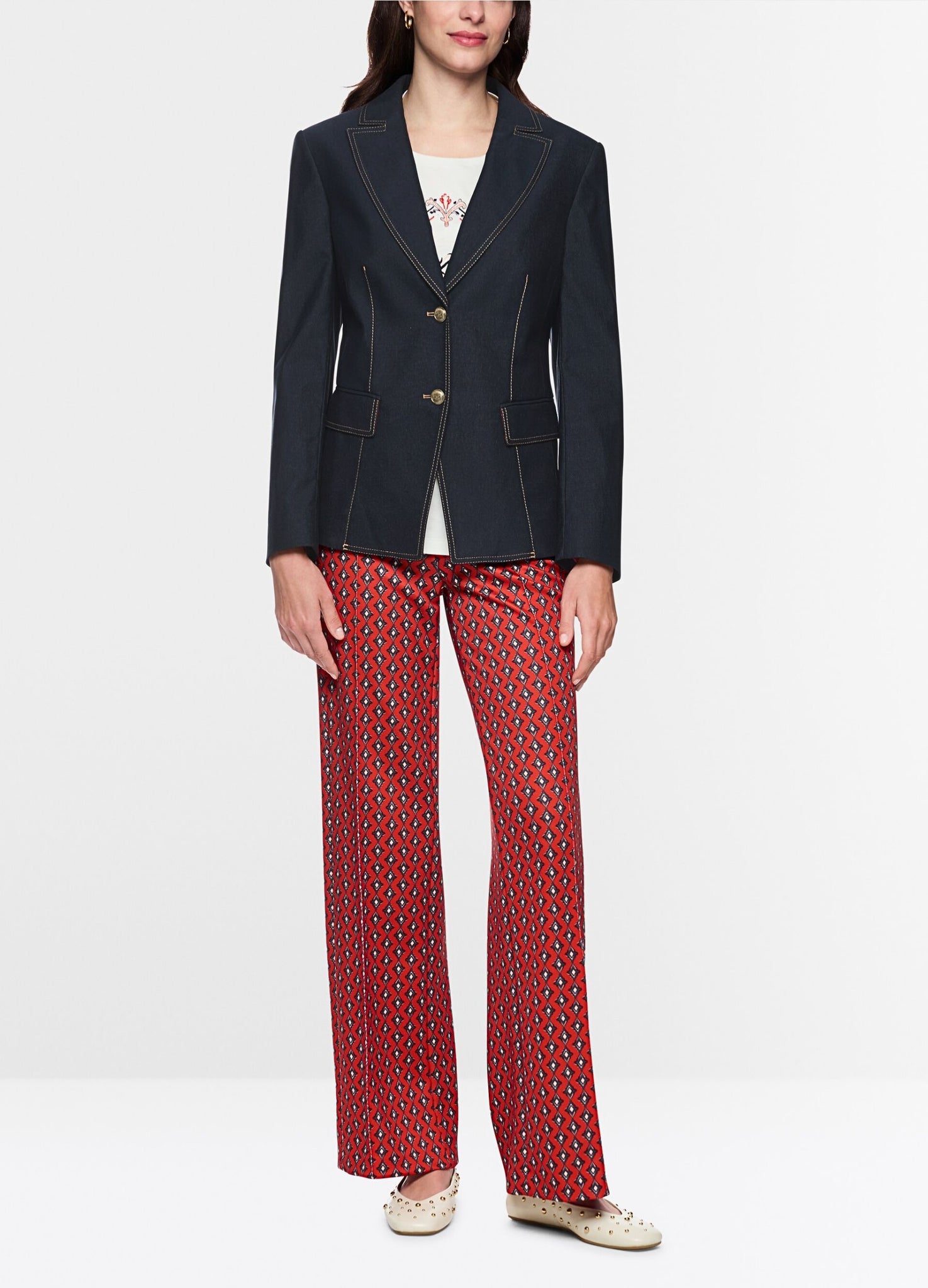 Marc Cain Prairie Muse Contrast Stitch Fitted Denim Blazer Jacket Dark Denim