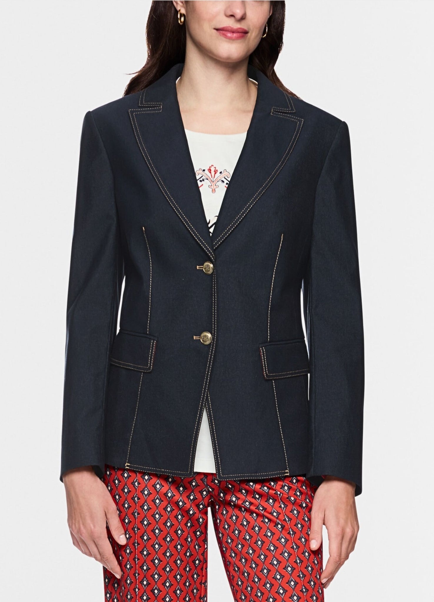 Marc Cain Prairie Muse Contrast Stitch Fitted Denim Blazer Jacket Dark Denim