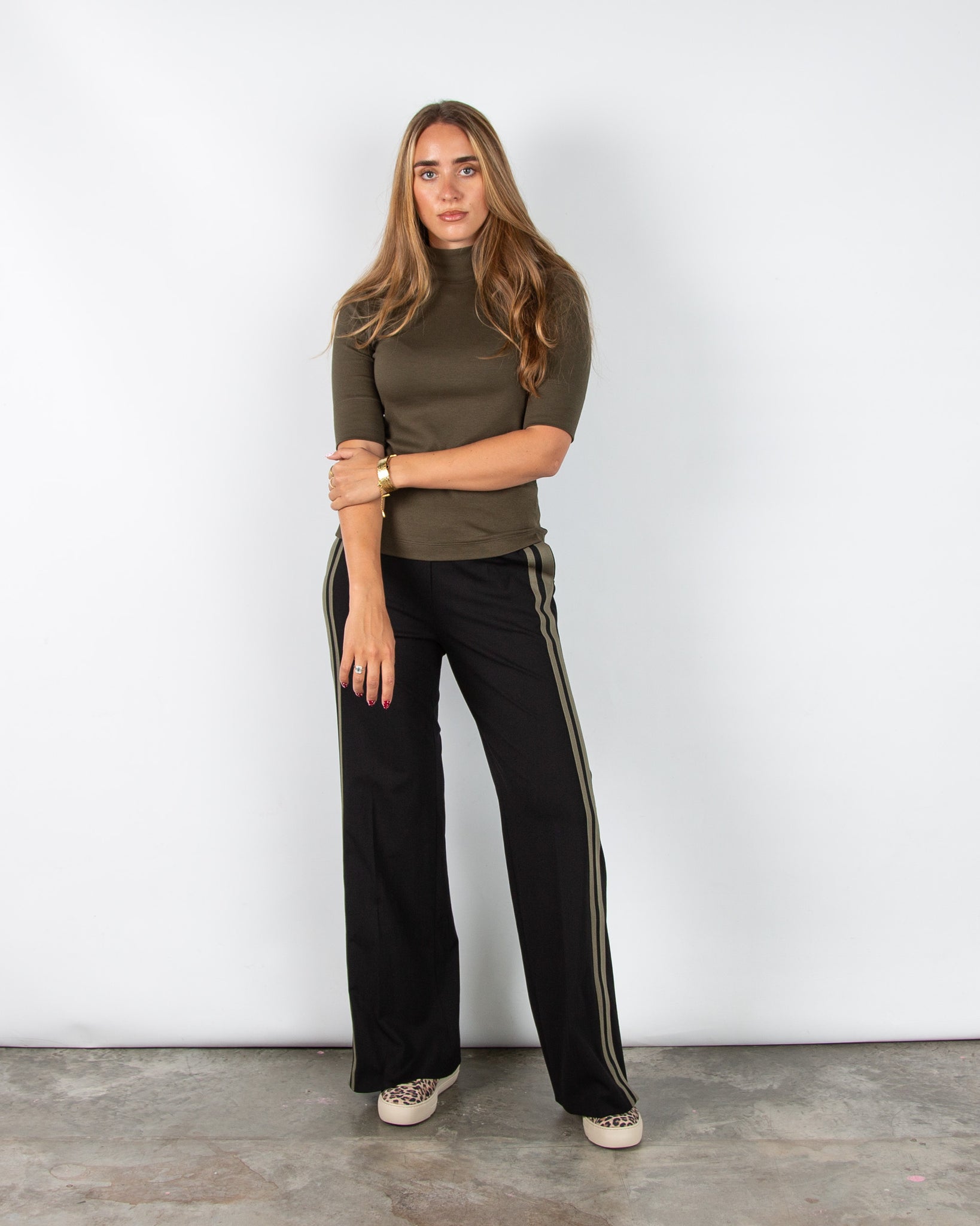 Marc Cain Fine Rib Short Sleeve Turtle Neck Top Khaki