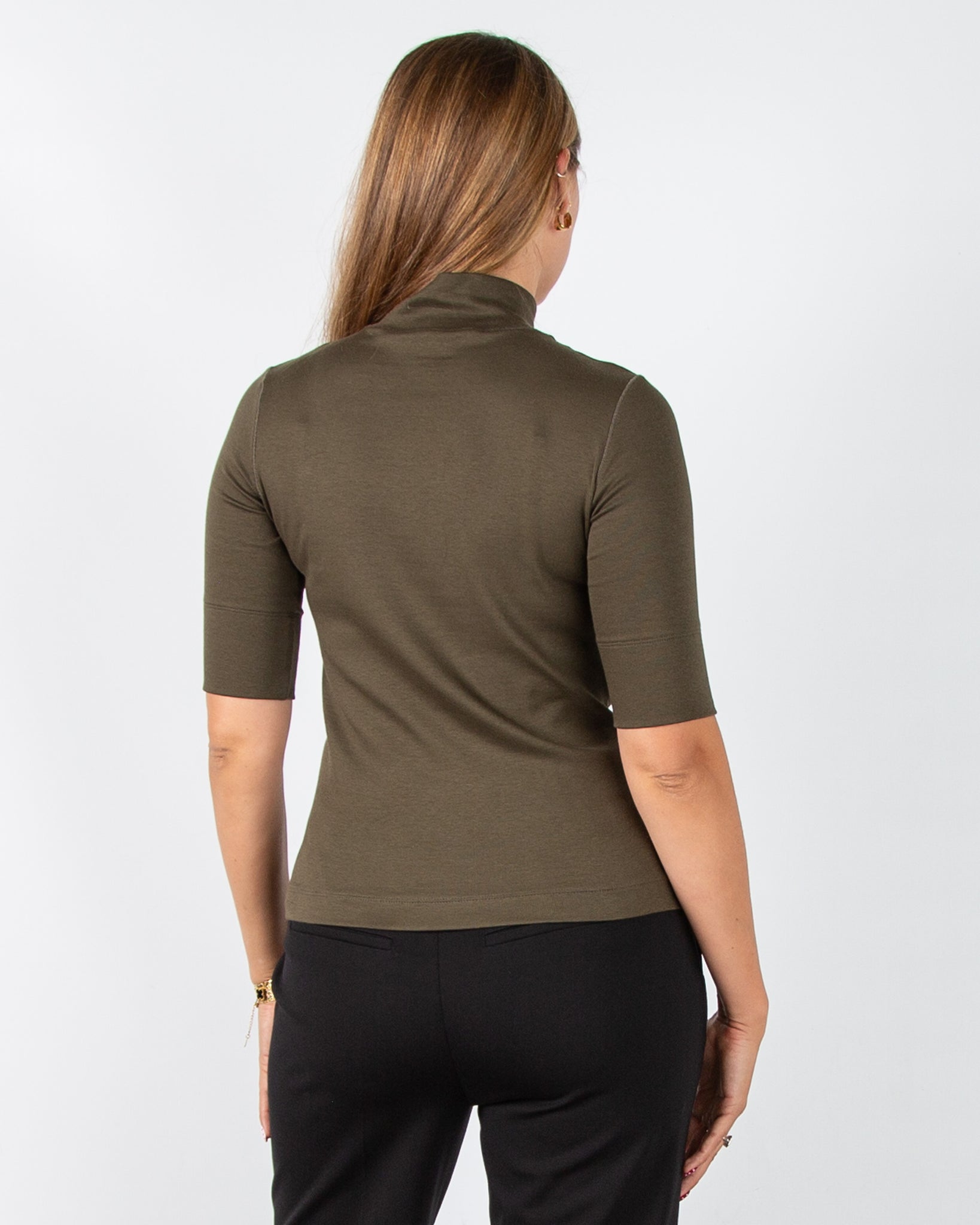 Marc Cain Fine Rib Short Sleeve Turtle Neck Top Khaki