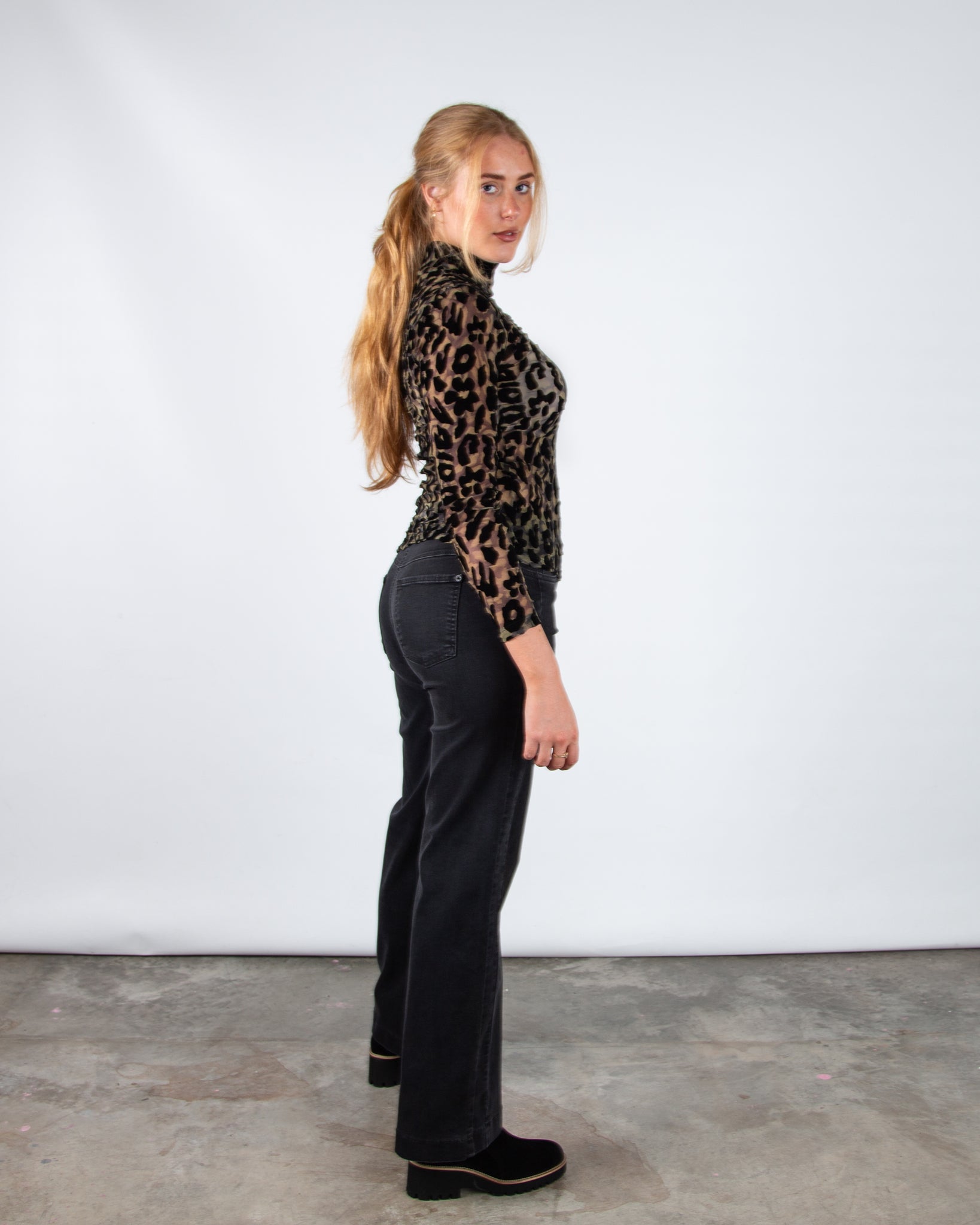 Marc Cain Leo Hike Fitted Leopard Velvet Mesh Top Khaki/black