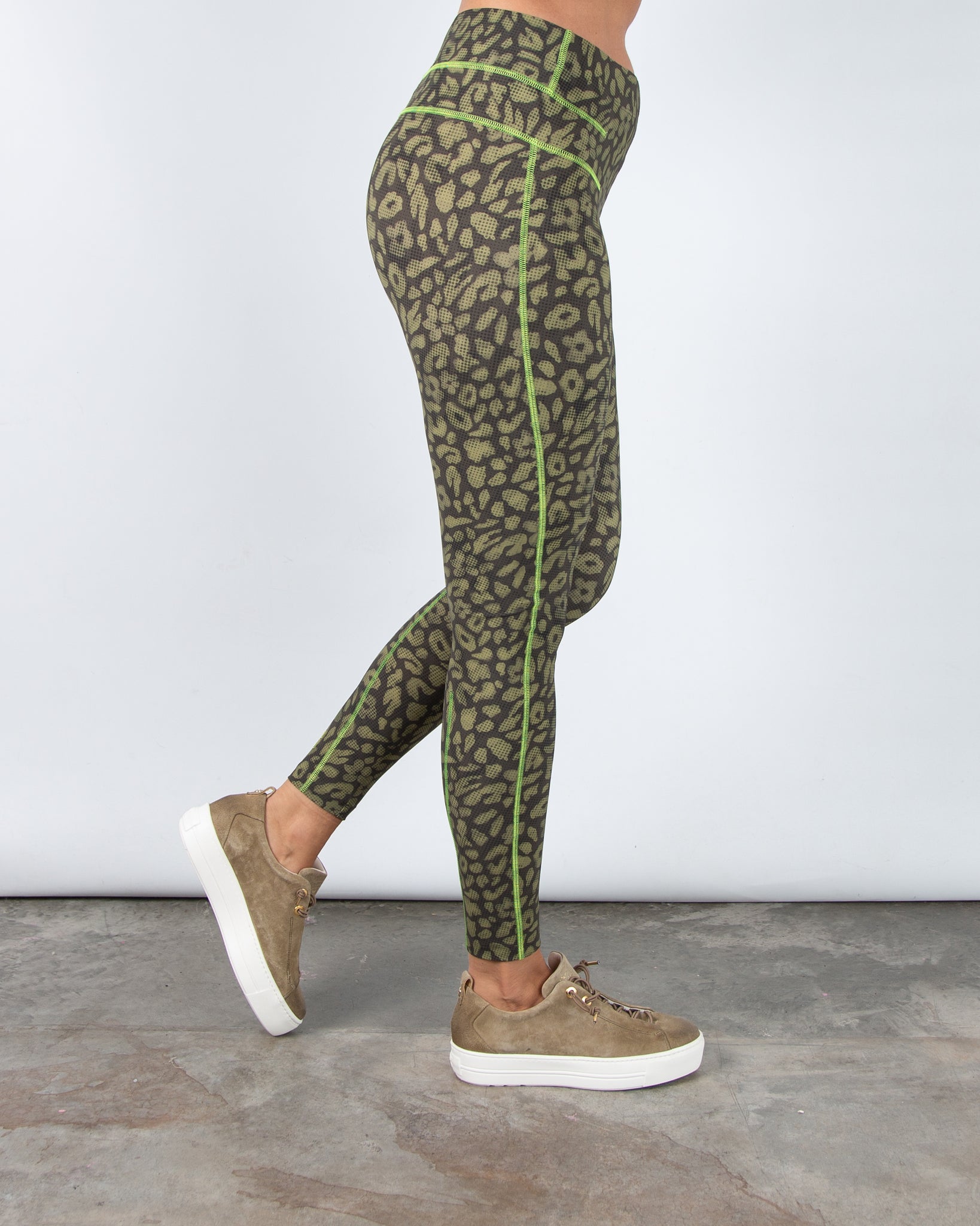 Marc Cain Leo Hike Sante FE Leopard Print Sporty Leggings Khaki/Lime