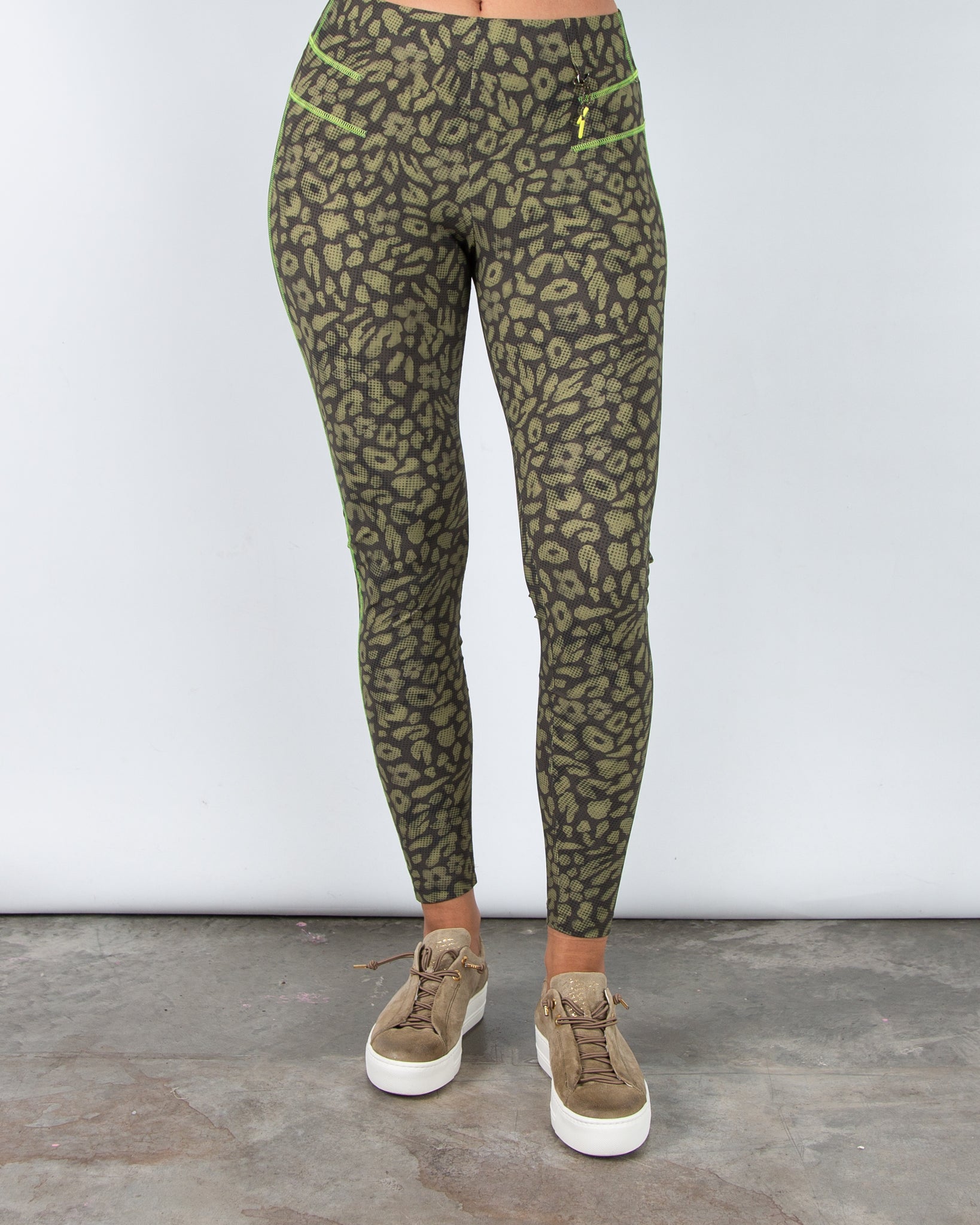 Marc Cain Leo Hike Sante FE Leopard Print Sporty Leggings Khaki/Lime