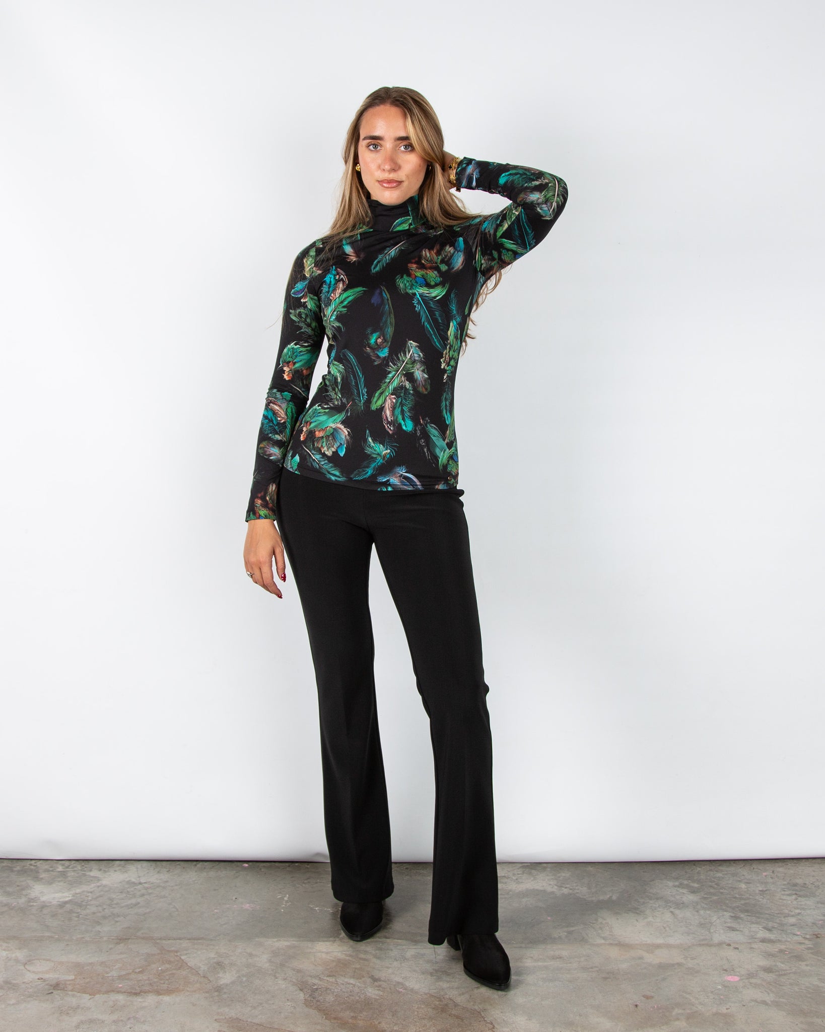 Marc Cain Mystic Plumage Feather Print Fitted Polo Neck Top Black/emerald