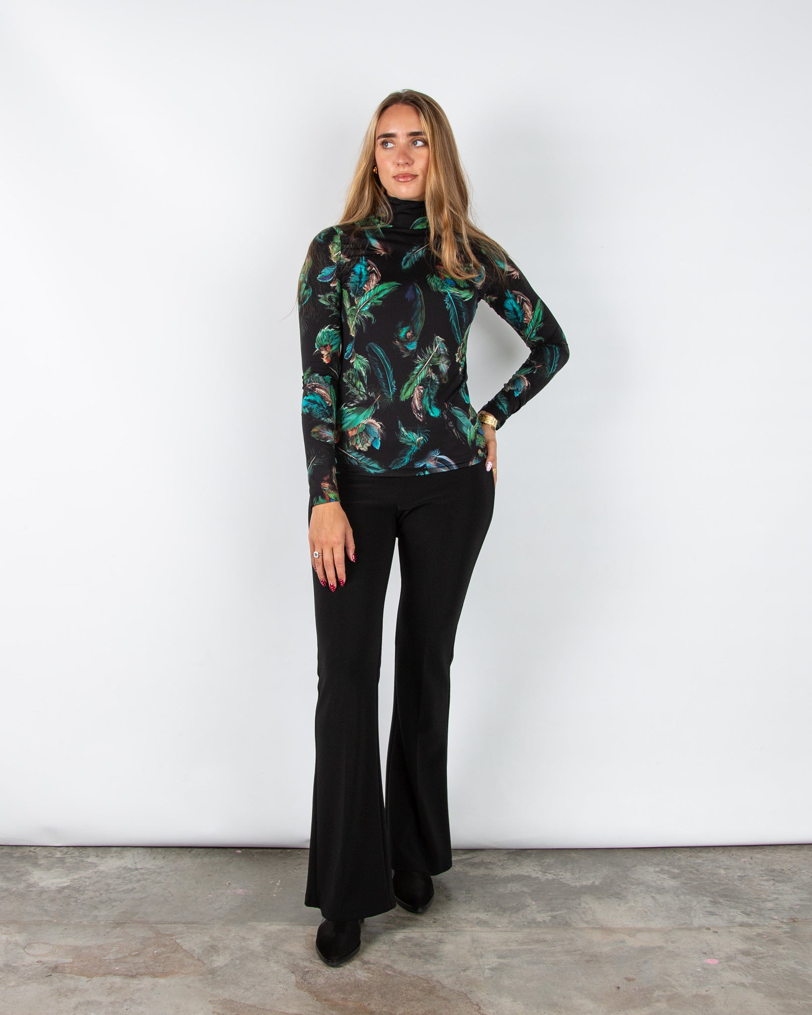 Marc Cain Mystic Plumage Feather Print Fitted Polo Neck Top Black/emerald