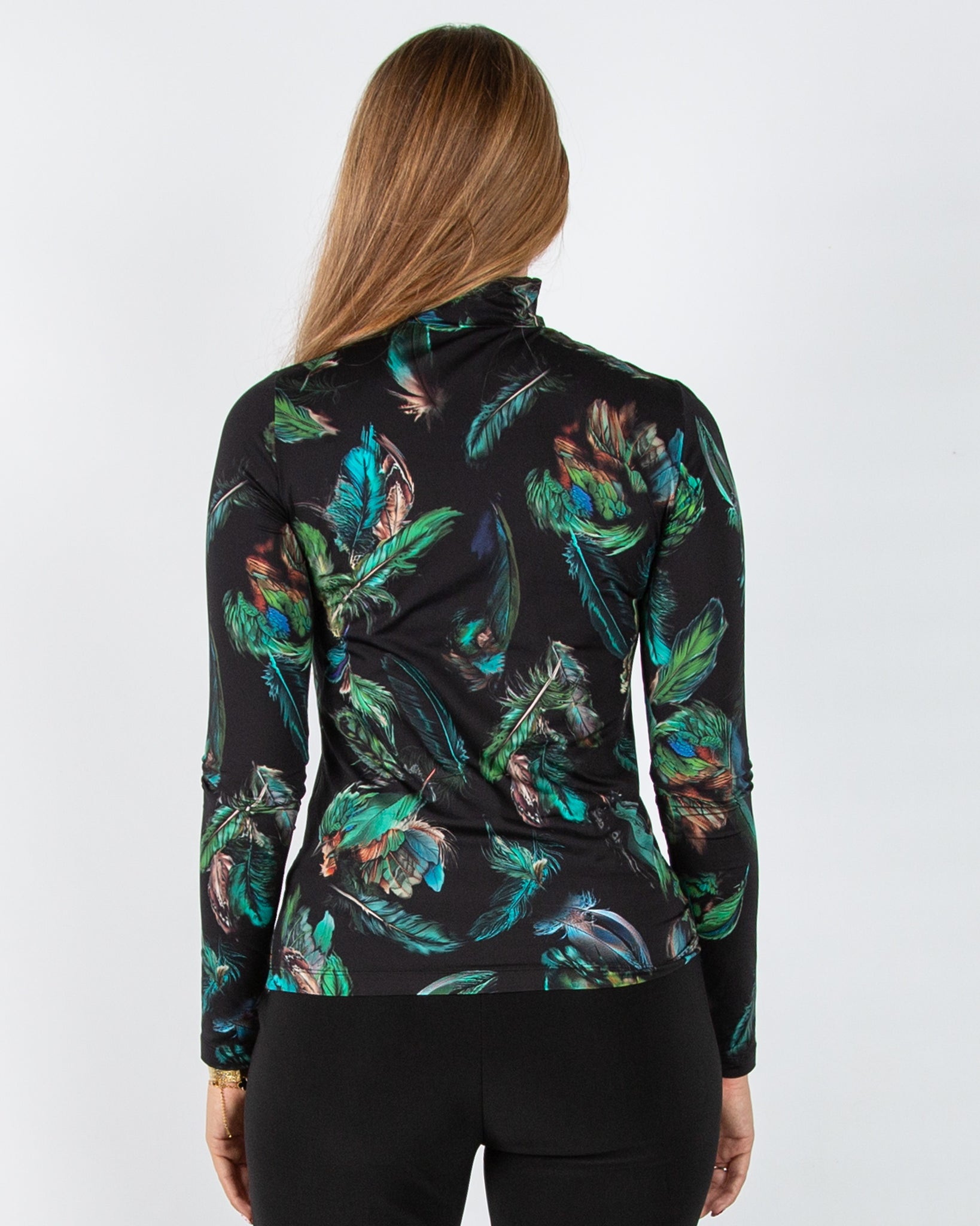 Marc Cain Mystic Plumage Feather Print Fitted Polo Neck Top Black/emerald