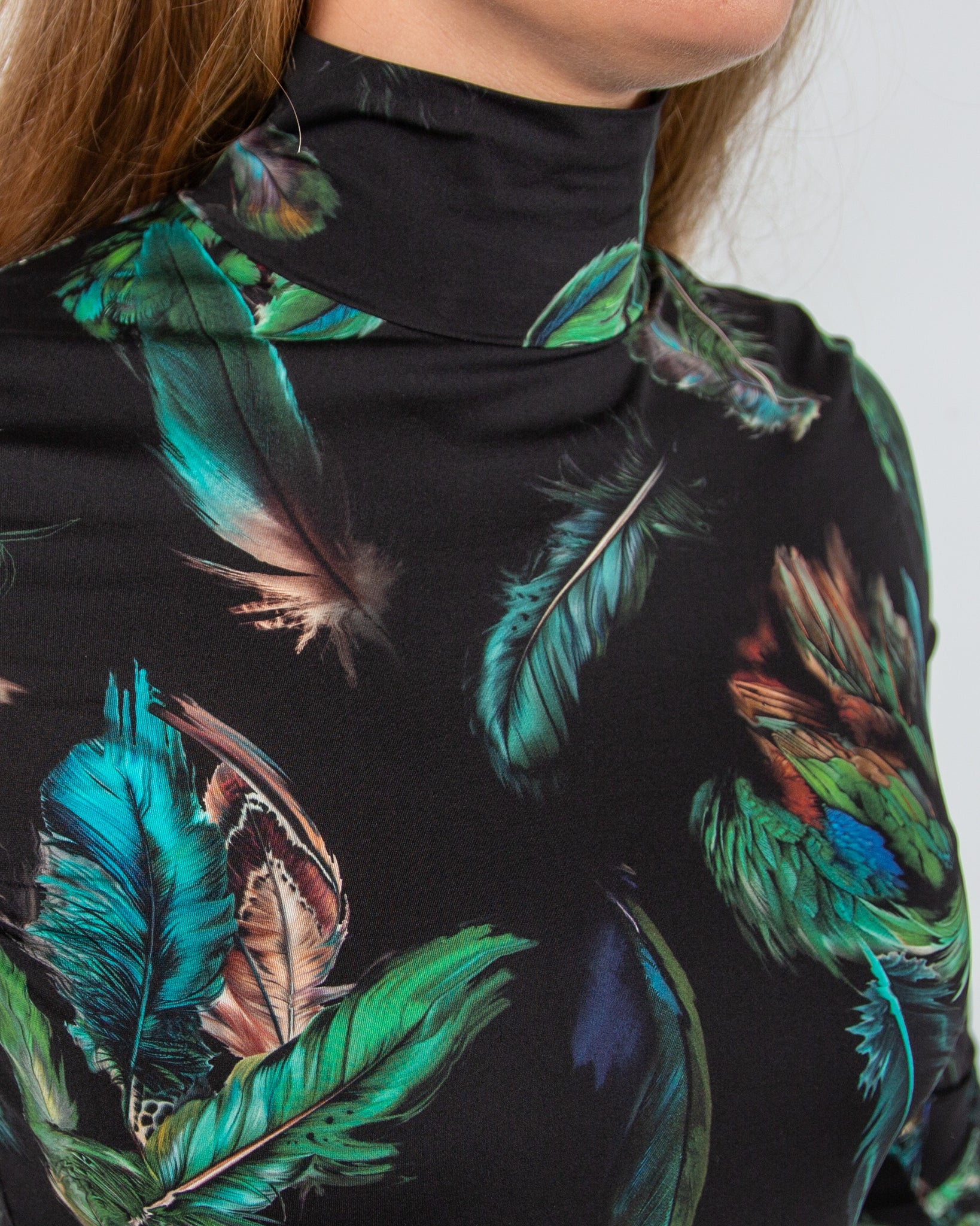 Marc Cain Mystic Plumage Feather Print Fitted Polo Neck Top Black/emerald